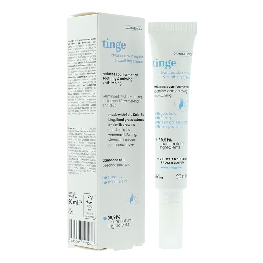 Tinge Advanced Skin Repair & Soothing Cream tube. Nederlandse tekst. 20ml.