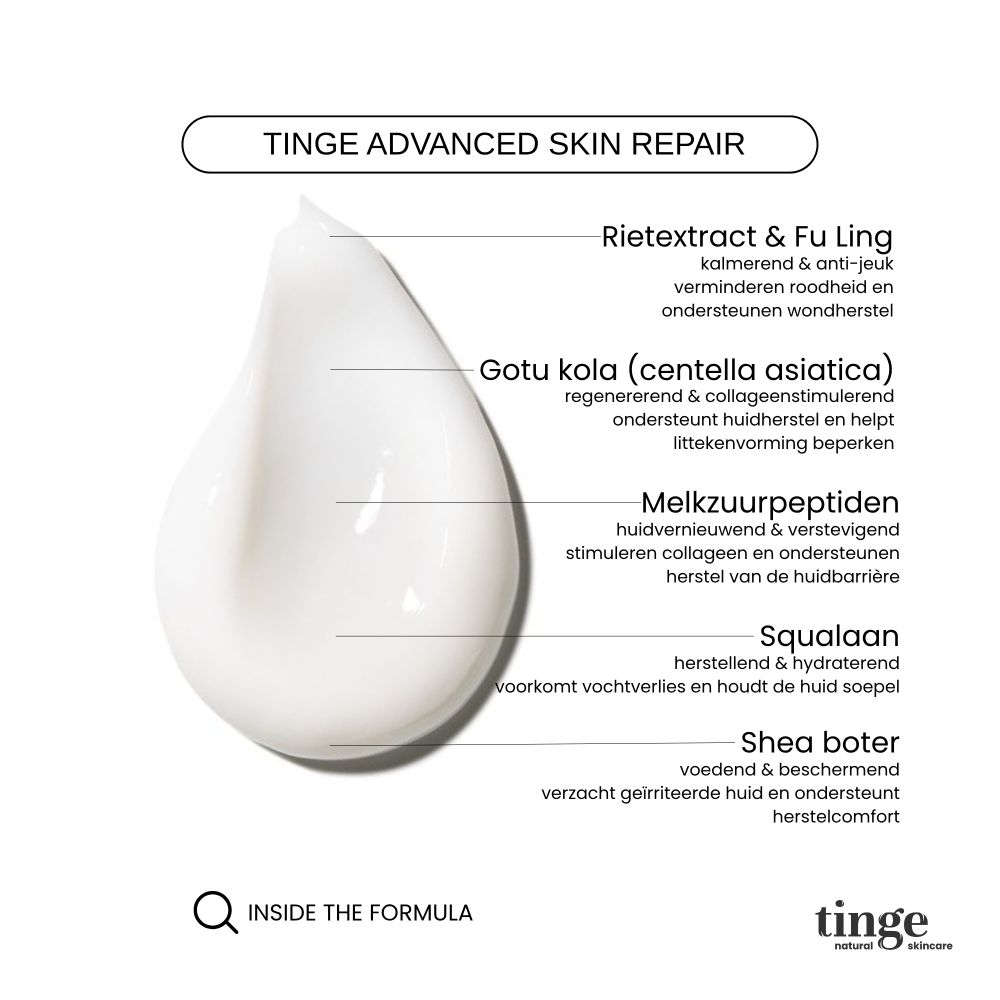 Tinge Advanced Skin Repair & Soothing Cream tube. Nederlandse tekst. 20ml.