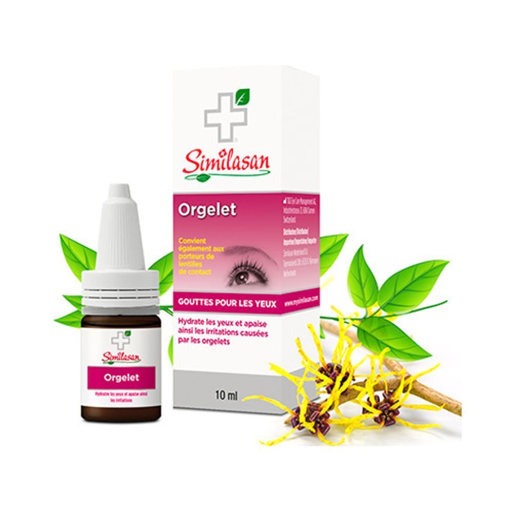 Flacon et emballage de gouttes oculaires Similasan. 10 ml. Avec fleurs jaunes et feuilles vertes.