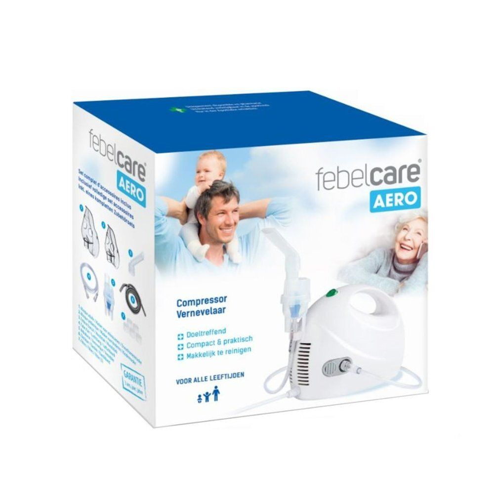 Verpakking met witte vernevelaar en accessoires. Opschrift: febelcare AERO. Afbeelding van personen.