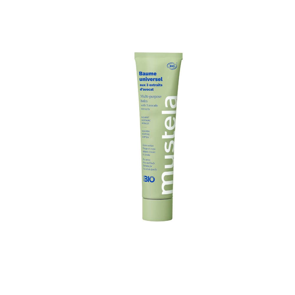Groene tube met witte tekst. Universele balsem met avocado-extracten. Merk: Mustela. BIO-certificering.