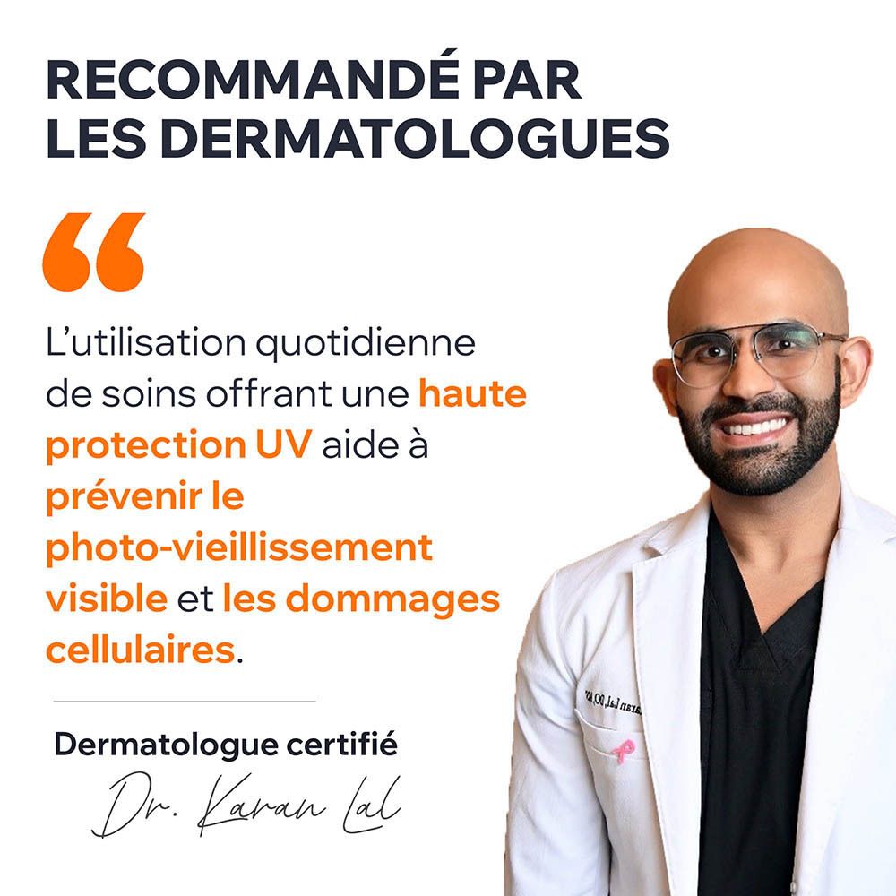 Médecin avec texte. L'utilisation quotidienne offre une haute protection UV et prévient le vieillissement et les dommages.
