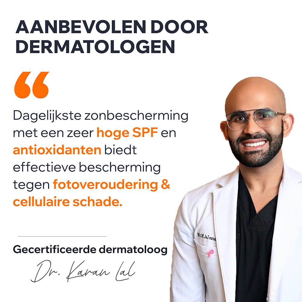 Arts met tekst. Dagelijks gebruik biedt hoge UV-bescherming en voorkomt huidveroudering en schade.