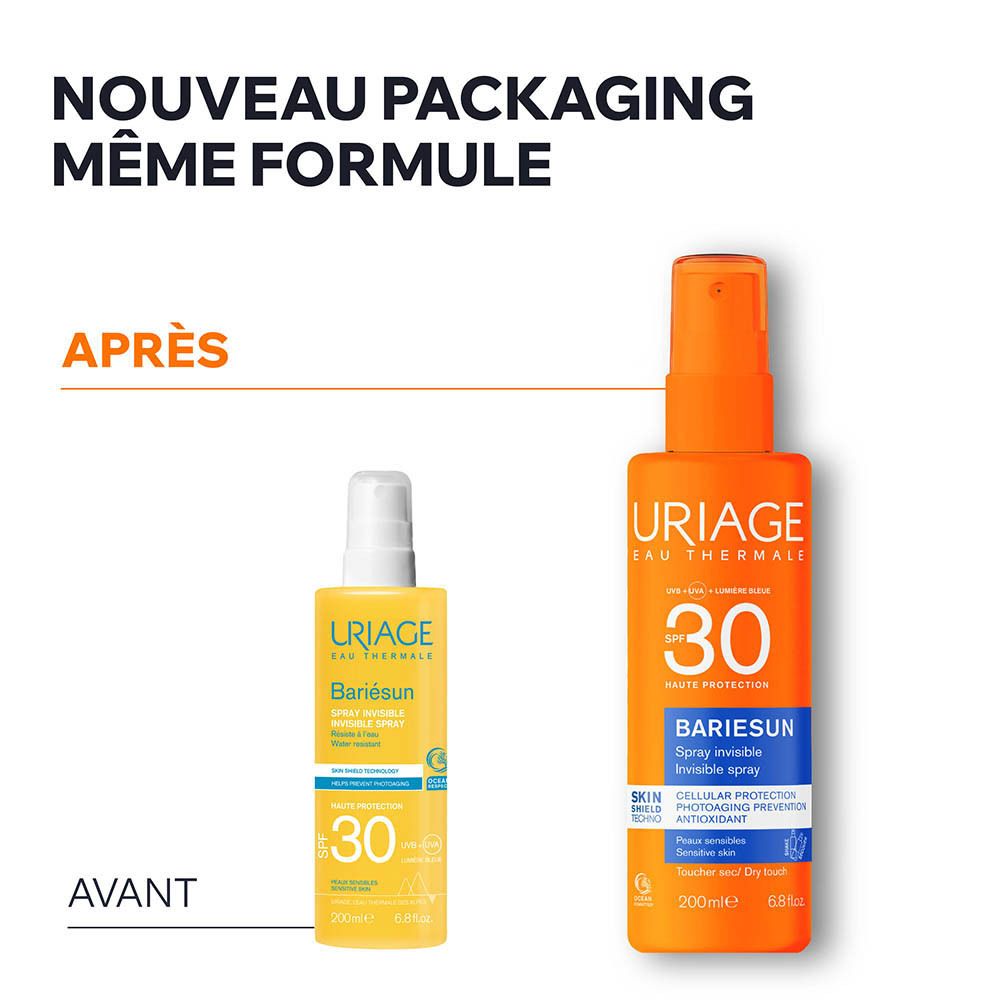 Comparaison avant-après. URIAGE BARIÉSUN. Nouveau packaging, même formule. Flacon spray orange.