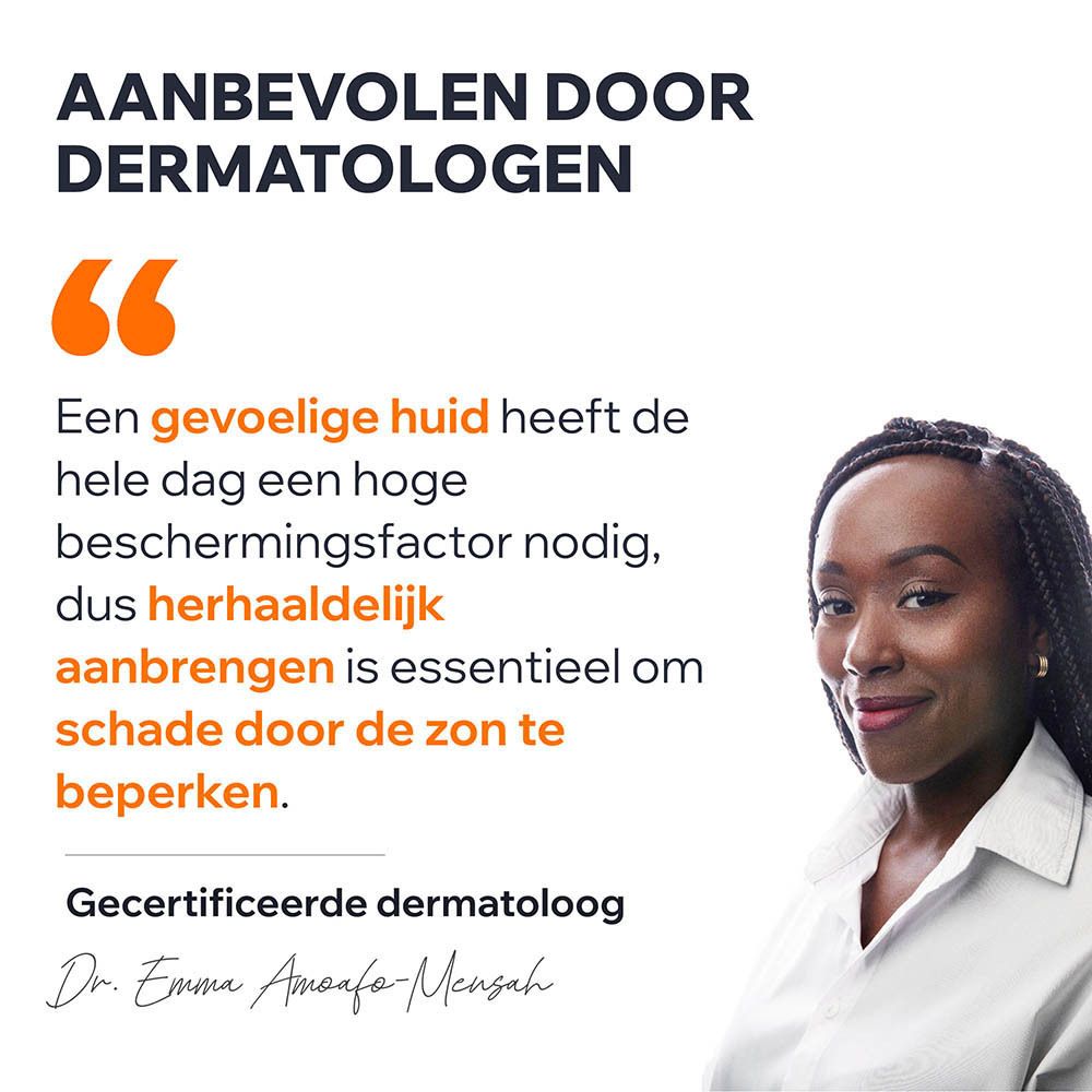 Vrouw met lippen. Tekst: Dermatoloog beveelt aan. Regelmatig aanbrengen voor UV-bescherming.