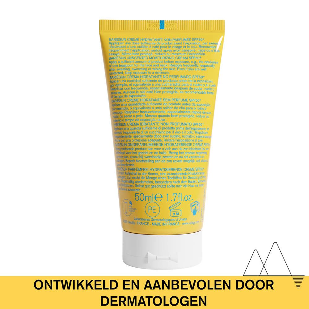 Achterkant tube URIAGE BARIÉSUN SPF50+. Meertalige tekst. 50ml. Gemaakt in Spanje.