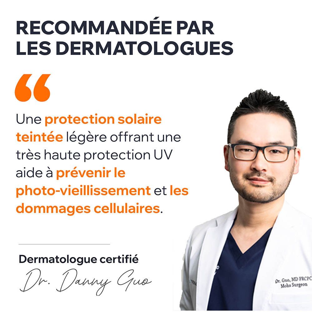 Médecin avec texte. Texte: Recommandé par les dermatologues. Texture teintée légère. Prévient le photo-vieillissement.