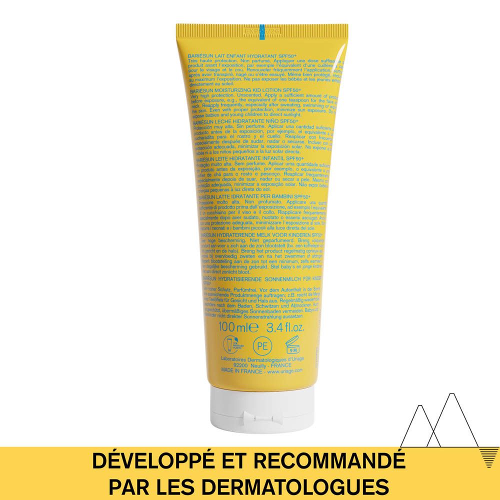 Dos du tube jaune Uriage Bariesun Lait Enfant SPF 50+. Texte en plusieurs langues.