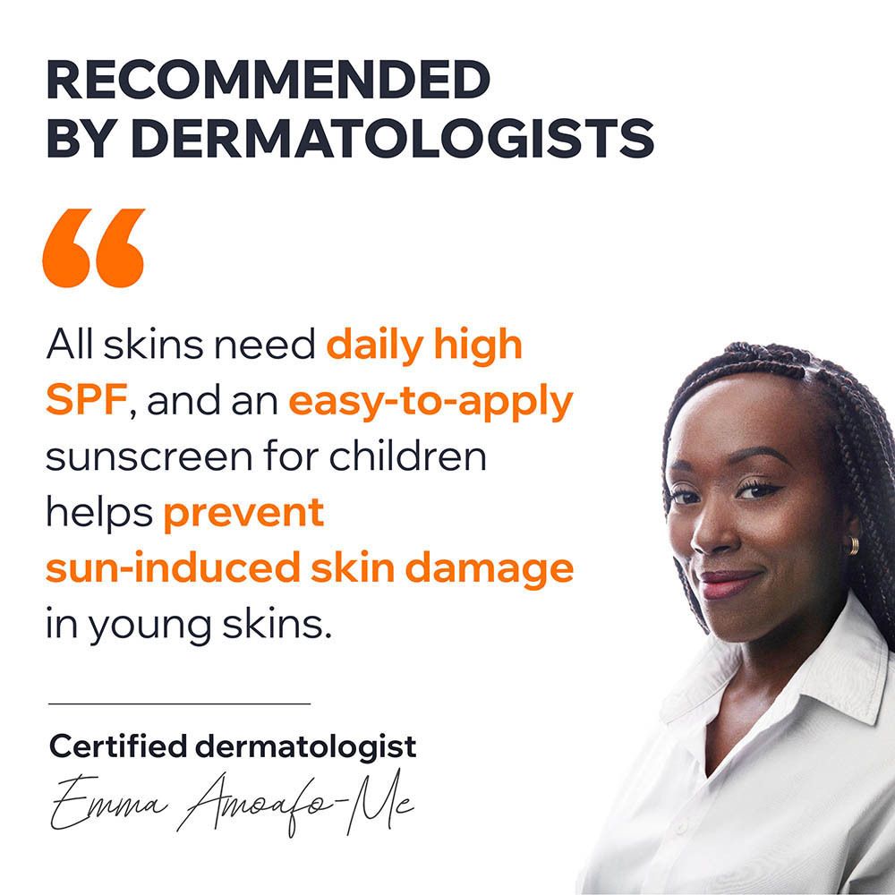 Vrouw met citaat: alle huidtypes hebben dagelijks hoge SPF nodig. Gecertificeerde dermatoloog.