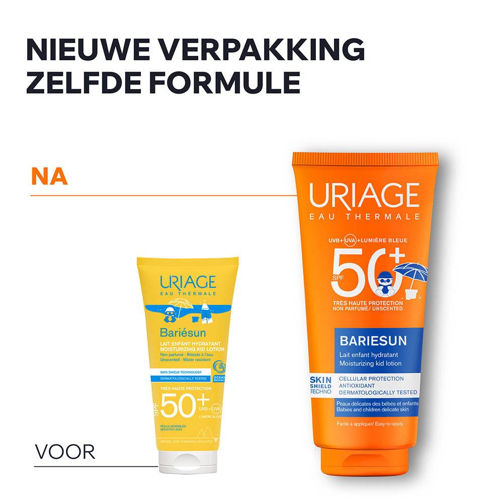 Voor-na vergelijking. Uriage Bariesun Melk voor Kinderen. Nieuw verpakkingsontwerp.
