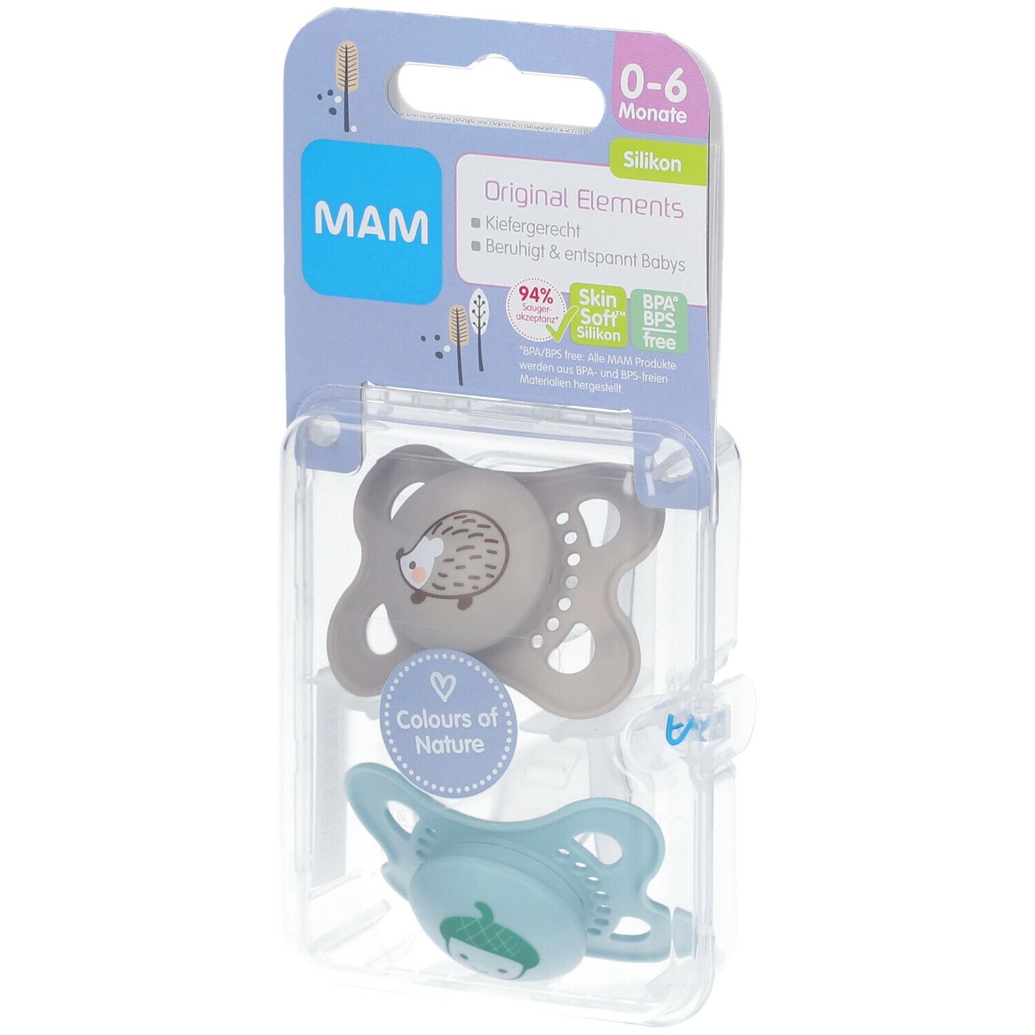 Twee fopspenen in verpakking. Grijze fopspeen met egels, blauwe fopspeen met gezicht. Verpakking met MAM-logo en productinformatie.