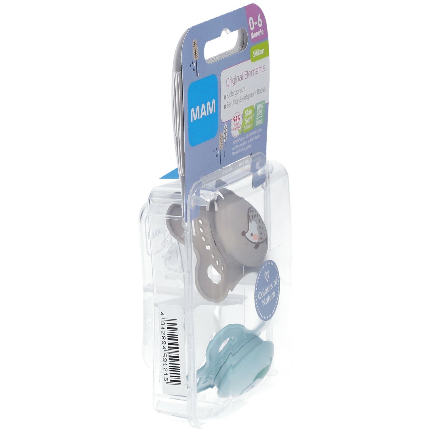 Verpakking met twee fopspenen, zijaanzicht. Grijze fopspeen met egels, blauwe fopspeen. MAM-logo en productinformatie op de verpakking.