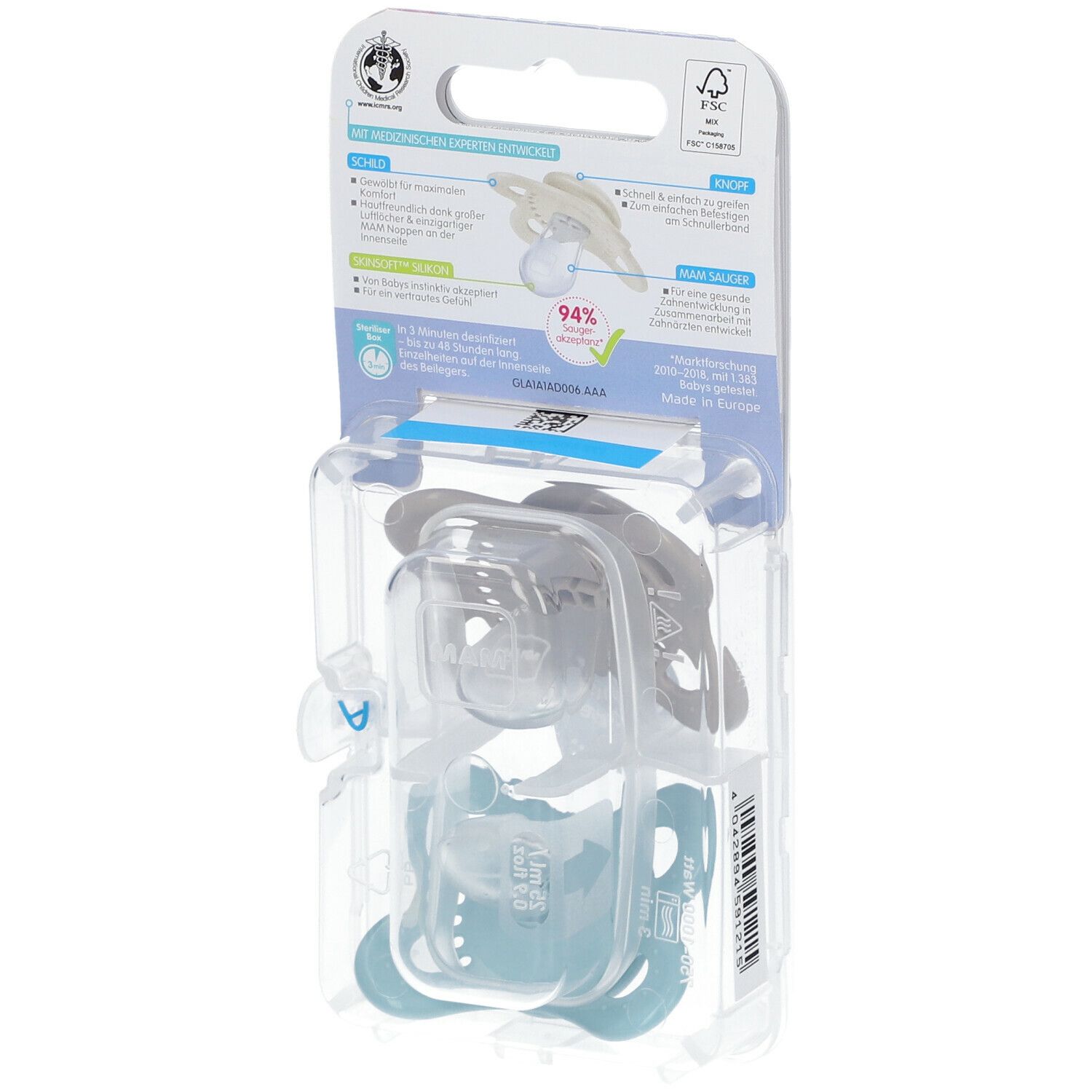 Achterkant van de verpakking met twee fopspenen. Informatie over de fopspenen en MAM-logo. Transparante verpakking.