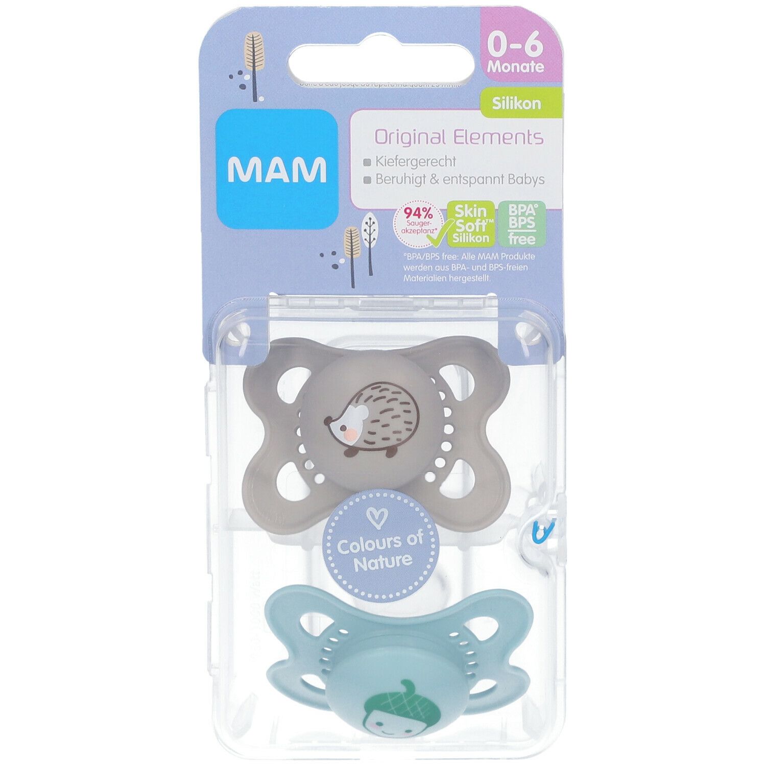 Twee fopspenen in verpakking. Grijze fopspeen met egels, blauwe fopspeen met gezicht. Verpakking met MAM-logo en productinformatie.