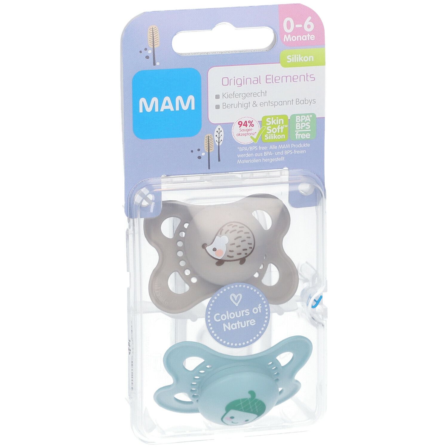 Twee fopspenen in verpakking. Grijze fopspeen met egels, blauwe fopspeen met gezicht. Verpakking met MAM-logo en productinformatie.