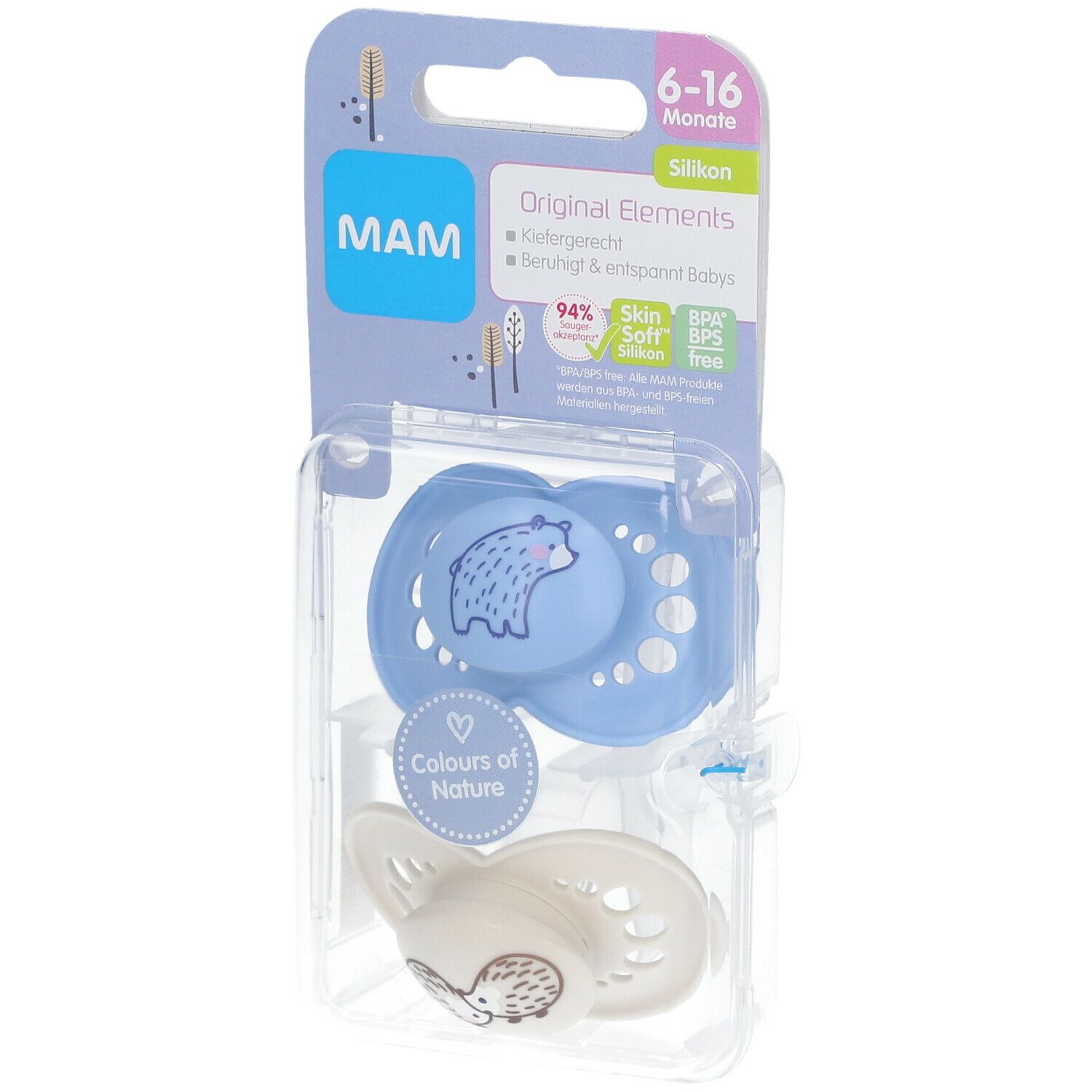 MAM fopspeenset in blisterverpakking. Blauwe fopspeen met berenmotief, witte fopspeen met egels. Aanbevolen voor 6-16 maanden.