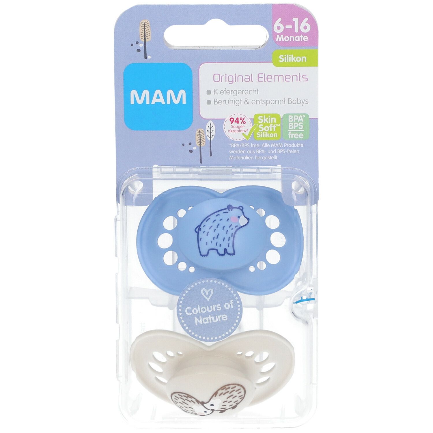 MAM fopspeenset in blisterverpakking. Blauwe fopspeen met berenmotief, witte fopspeen met egels. Aanbevolen voor 6-16 maanden.