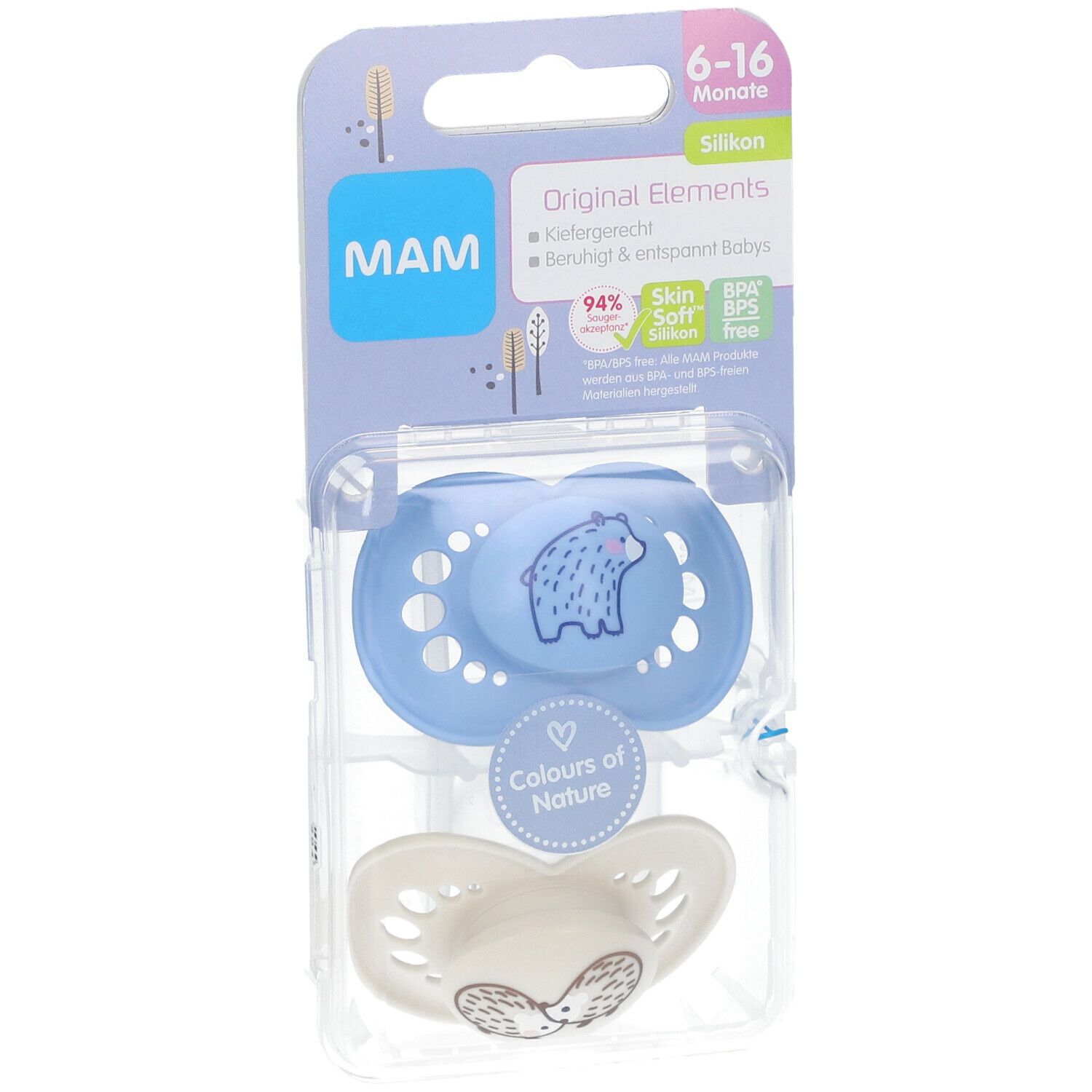 MAM fopspeenset in blisterverpakking. Blauwe fopspeen met berenmotief, witte fopspeen met egels. Aanbevolen voor 6-16 maanden.