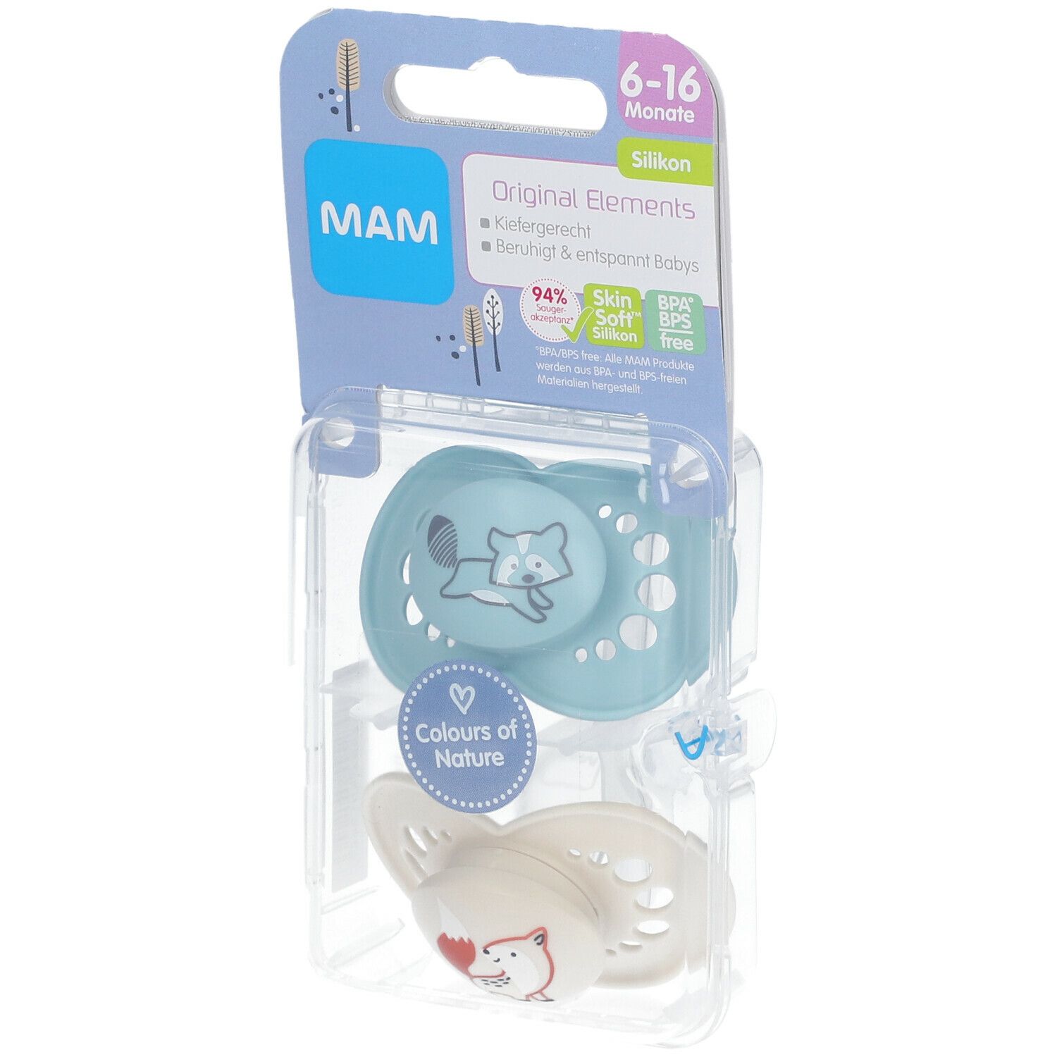 Blauwe fopspeen met dierpatroon, verpakt. Merk MAM, 6-16 maanden. Twee fopspenen in plastic verpakking.