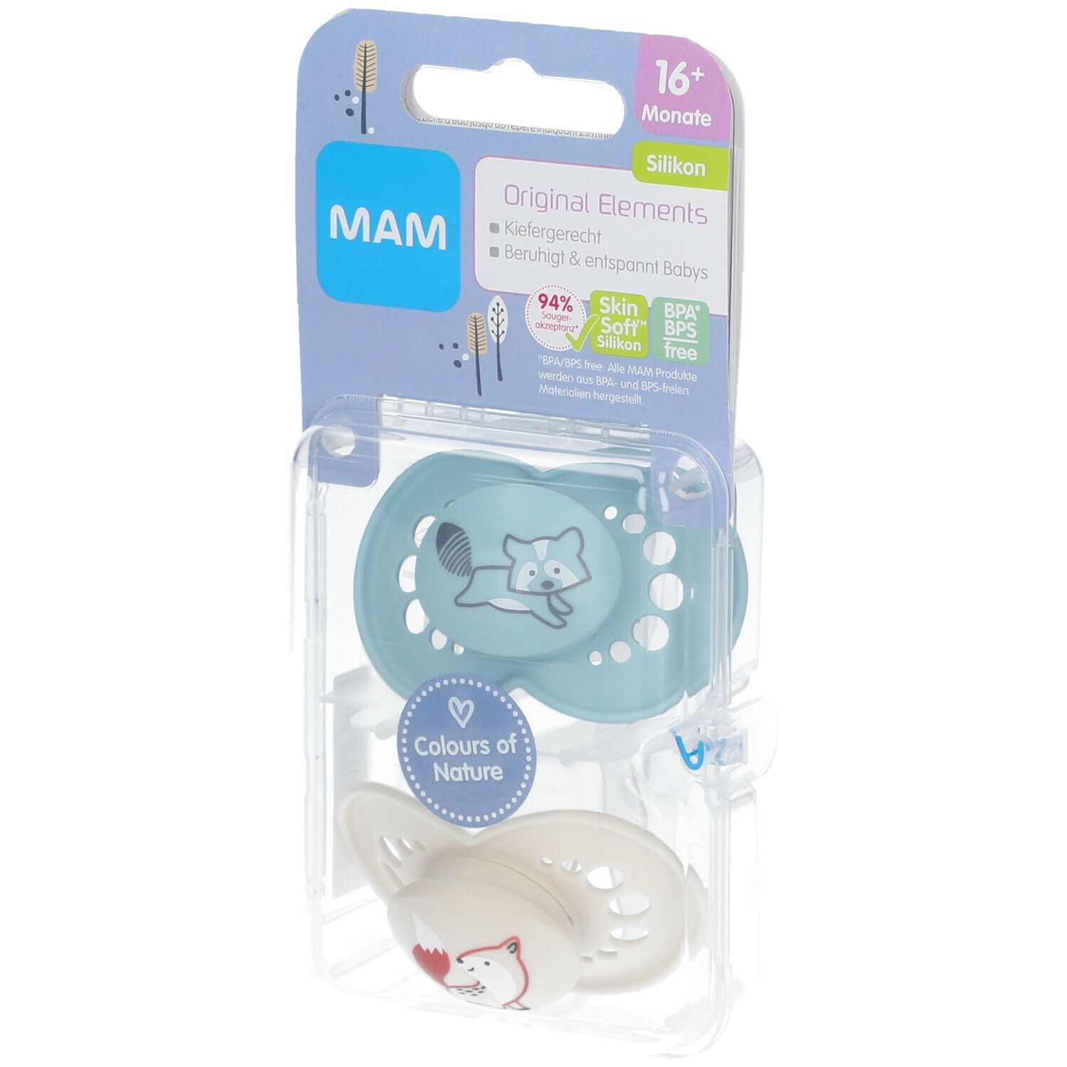 MAM Original Elements speen in verpakking. Lichtblauwe speen met vos, witte speen eronder. Verpakking met MAM logo en productinformatie.