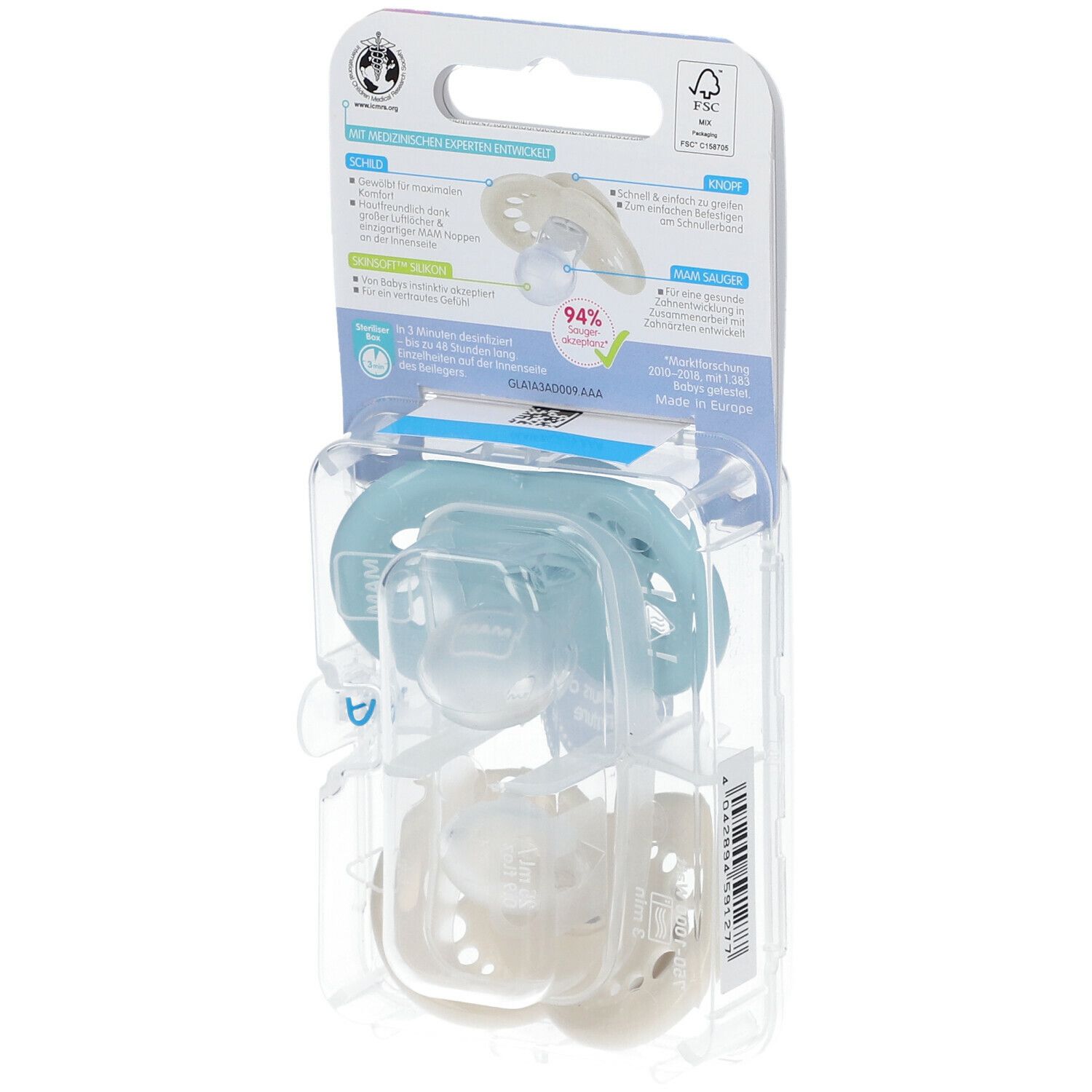 Achterkant van de verpakking met spenen. Lichtblauwe en witte speen zichtbaar. Informatie en logo's op de verpakking, waaronder MAM logo.