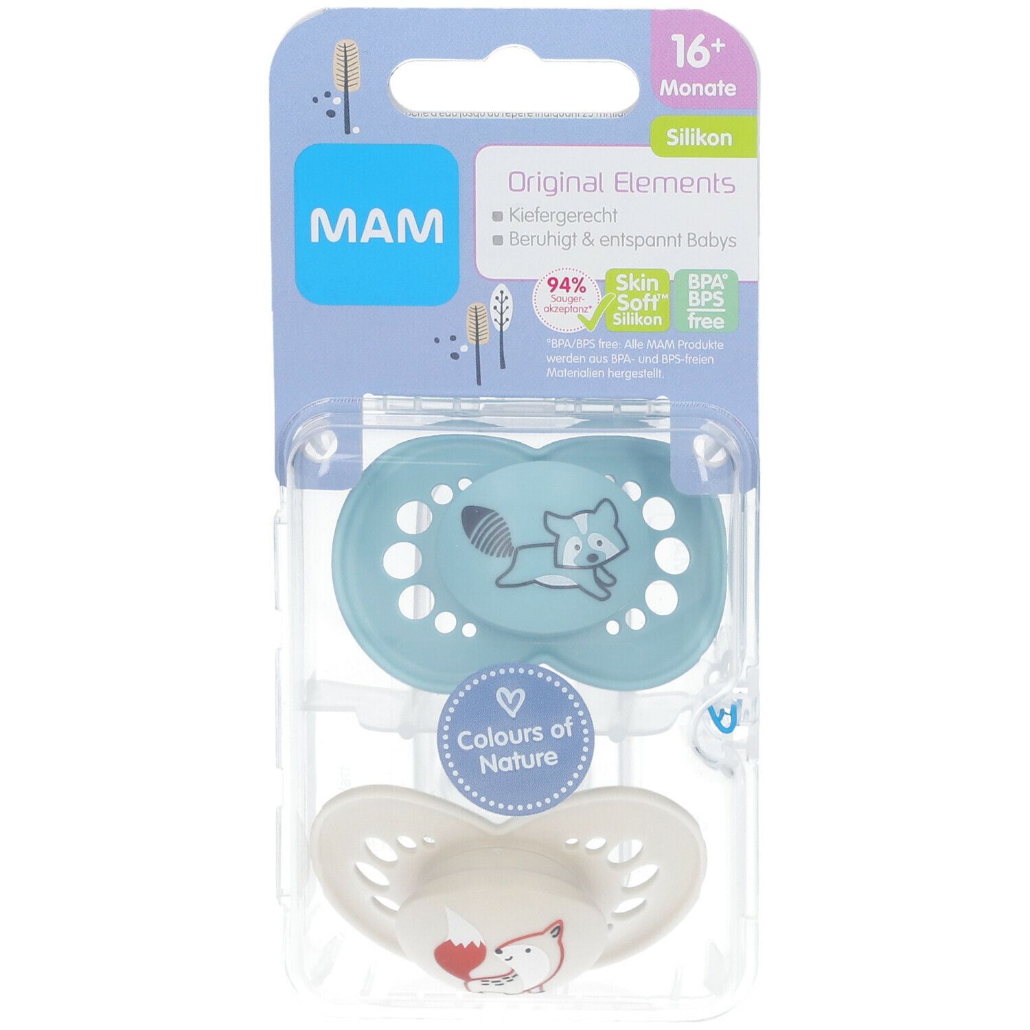 Speen in verpakking. Lichtblauwe speen met vos, witte speen eronder. Verpakking met MAM logo en productinformatie.