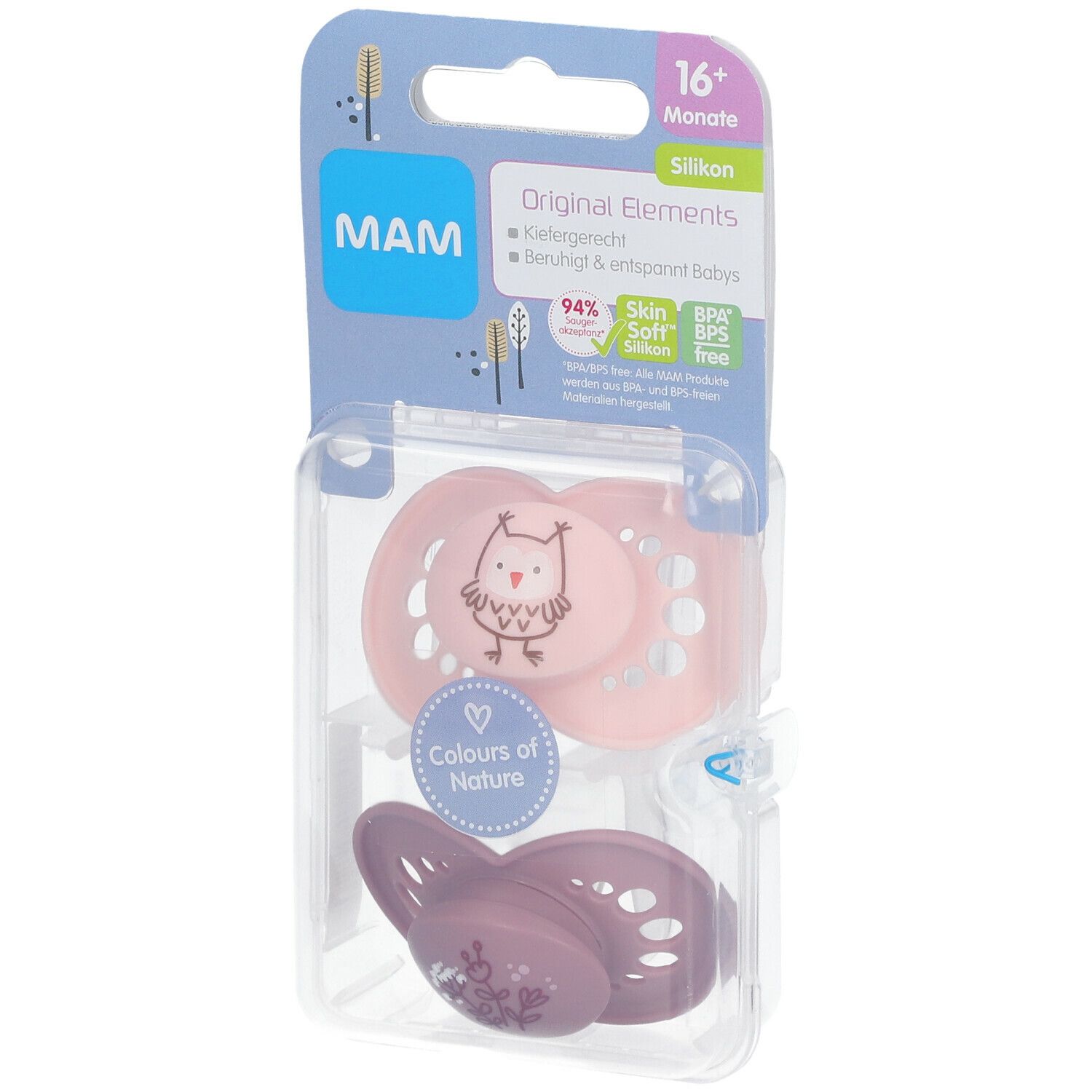 MAM Original Elements fopspeenset voor meisjes, 16+ maanden. Roze en paarse siliconen fopspenen met uil, in verpakking.