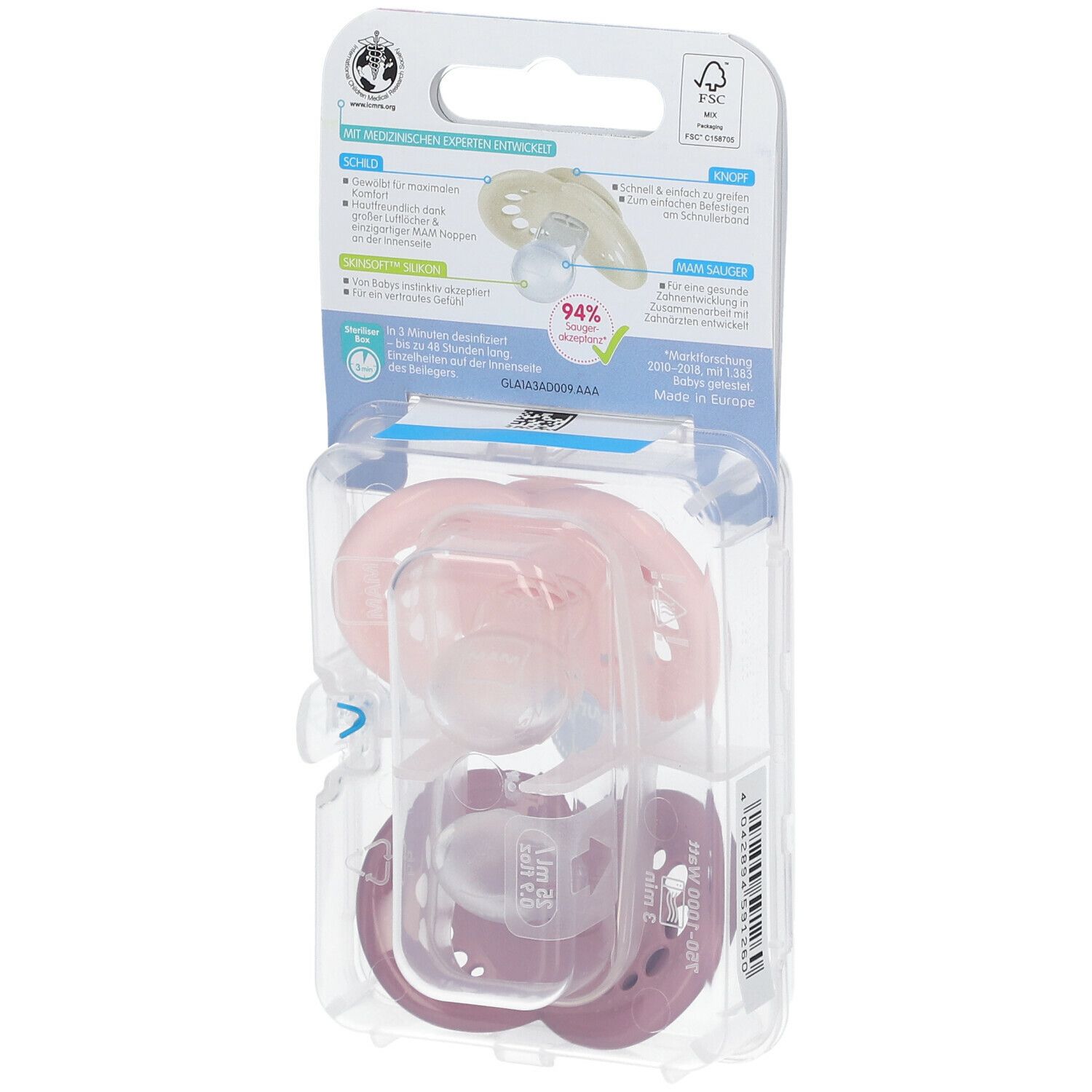 Achterkant van de MAM Original Elements fopspeenverpakking. Productinformatie, certificeringen en details van de fopspenen zichtbaar.