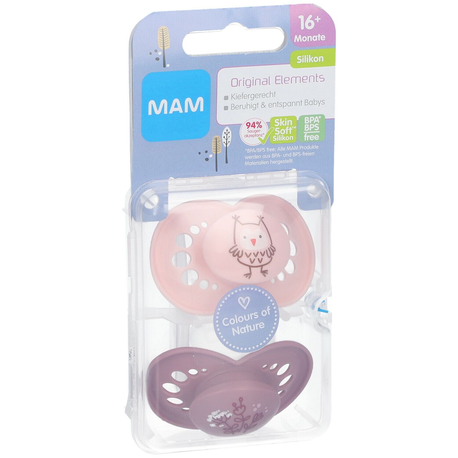 MAM Original Elements fopspeenset voor meisjes, 16+ maanden. Roze en paarse siliconen fopspenen met uil, in verpakking.