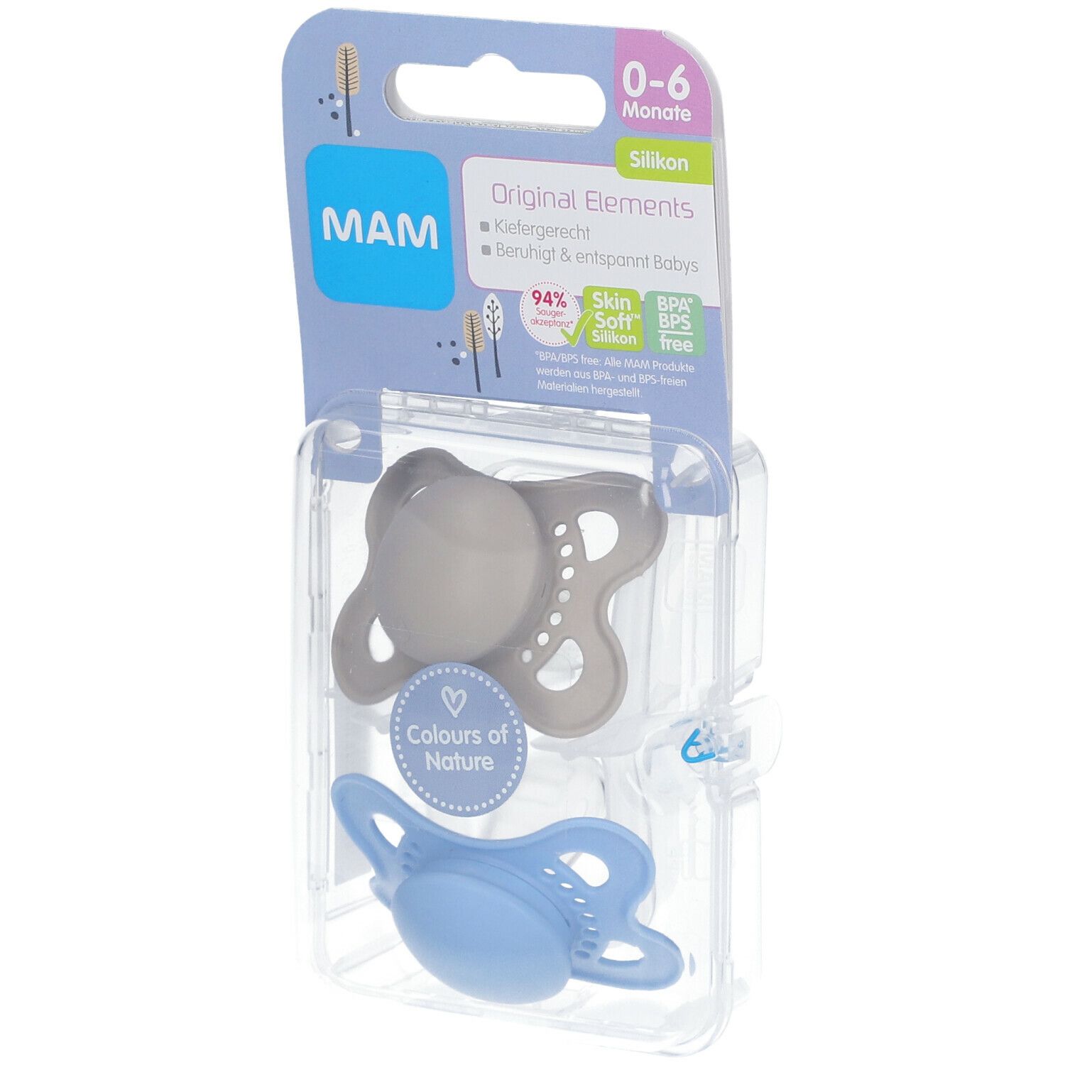 Twee MAM-fopspenen 0-6 maanden in verpakking. Siliconen, grijs en blauw. Productinformatie op de verpakking.