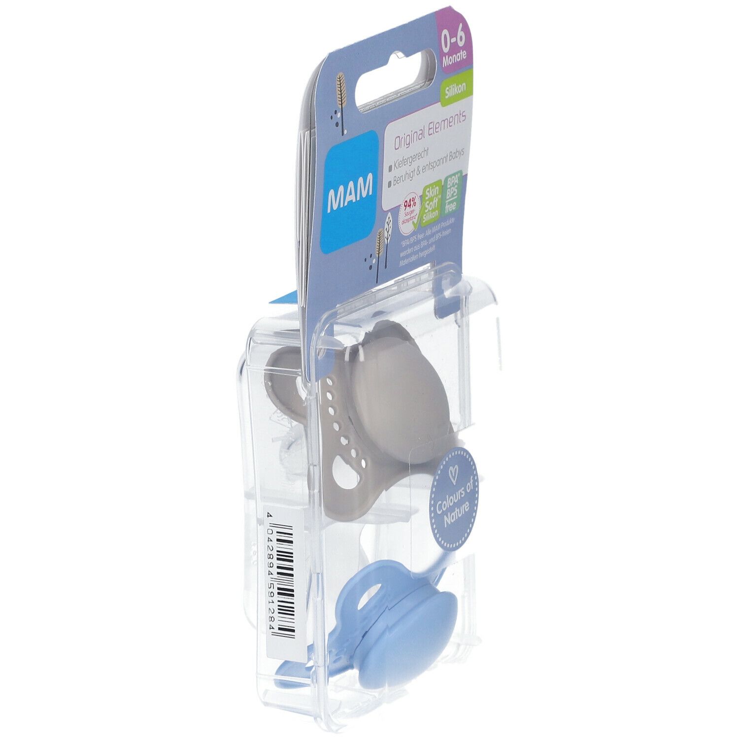 Verpakking met twee fopspenen. MAM, 0-6 maanden. Siliconen, grijs en blauw. Zijaanzicht.