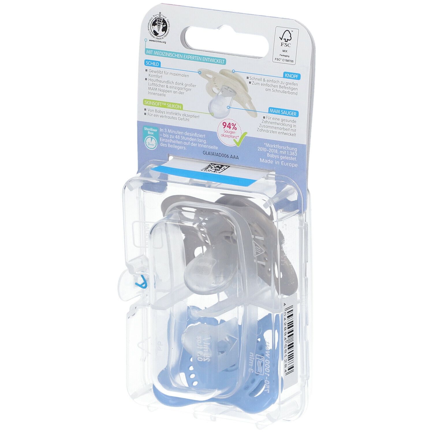 Achterkant van de verpakking met twee fopspenen. MAM, 0-6 maanden. Productinformatie en certificeringen.