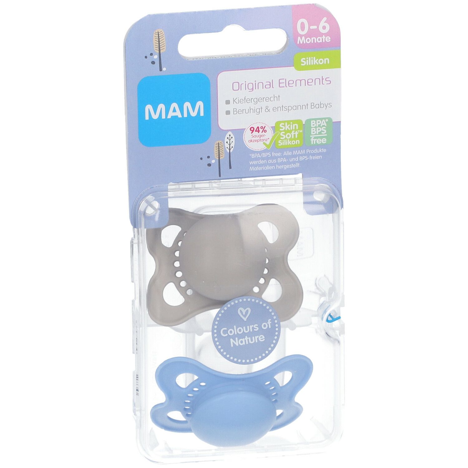Twee MAM-fopspenen 0-6 maanden in verpakking. Siliconen, grijs en blauw. Productinformatie op de verpakking.