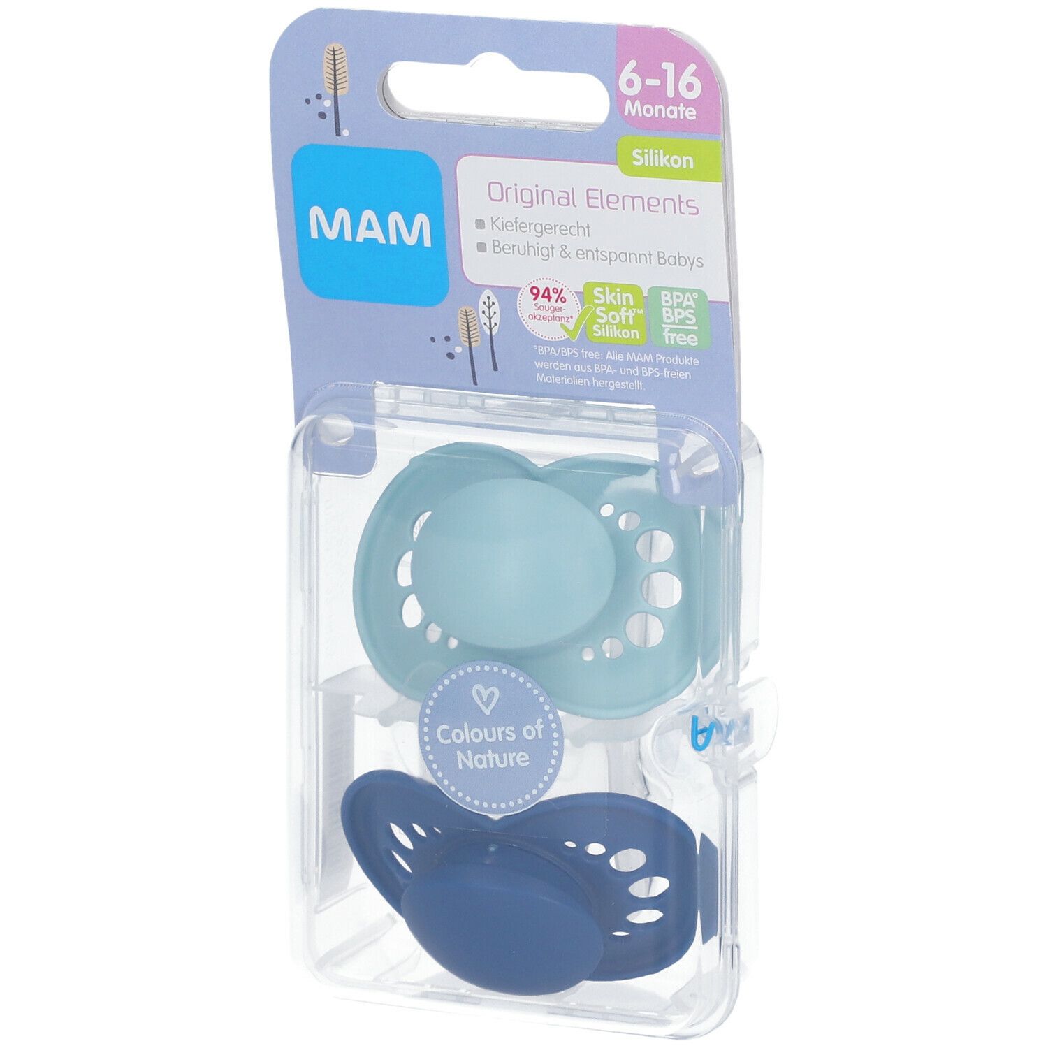 Twee fopspenen in verpakking. Lichtblauwe en donkerblauwe siliconen speen. Verpakking met productinformatie.