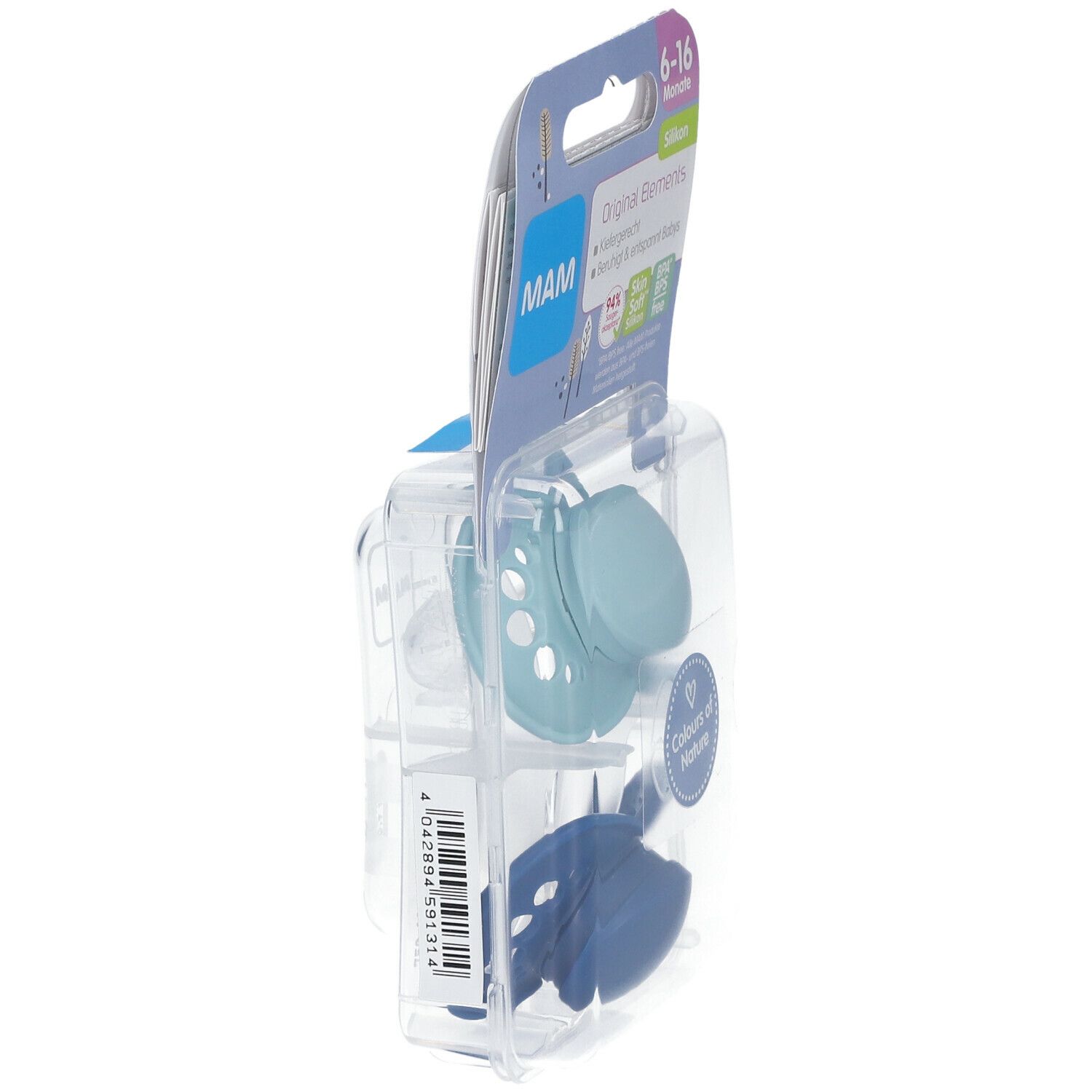 Verpakte fopspenen, zijaanzicht. Lichtblauwe en donkerblauwe siliconen speen. Verpakking met productinformatie.