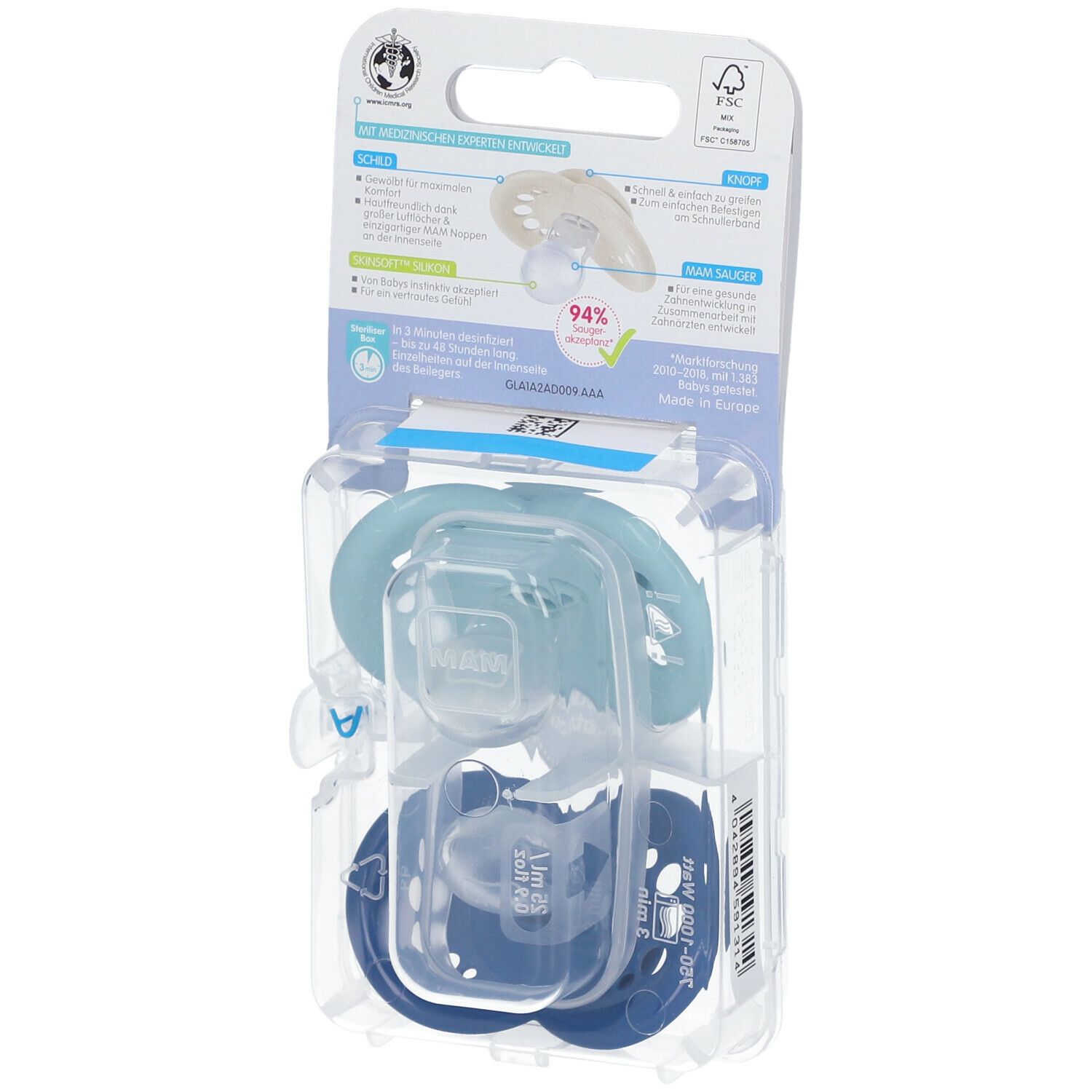 Achterkant van de verpakking met twee fopspenen. Lichtblauwe en donkerblauwe siliconen speen. Productinformatie.