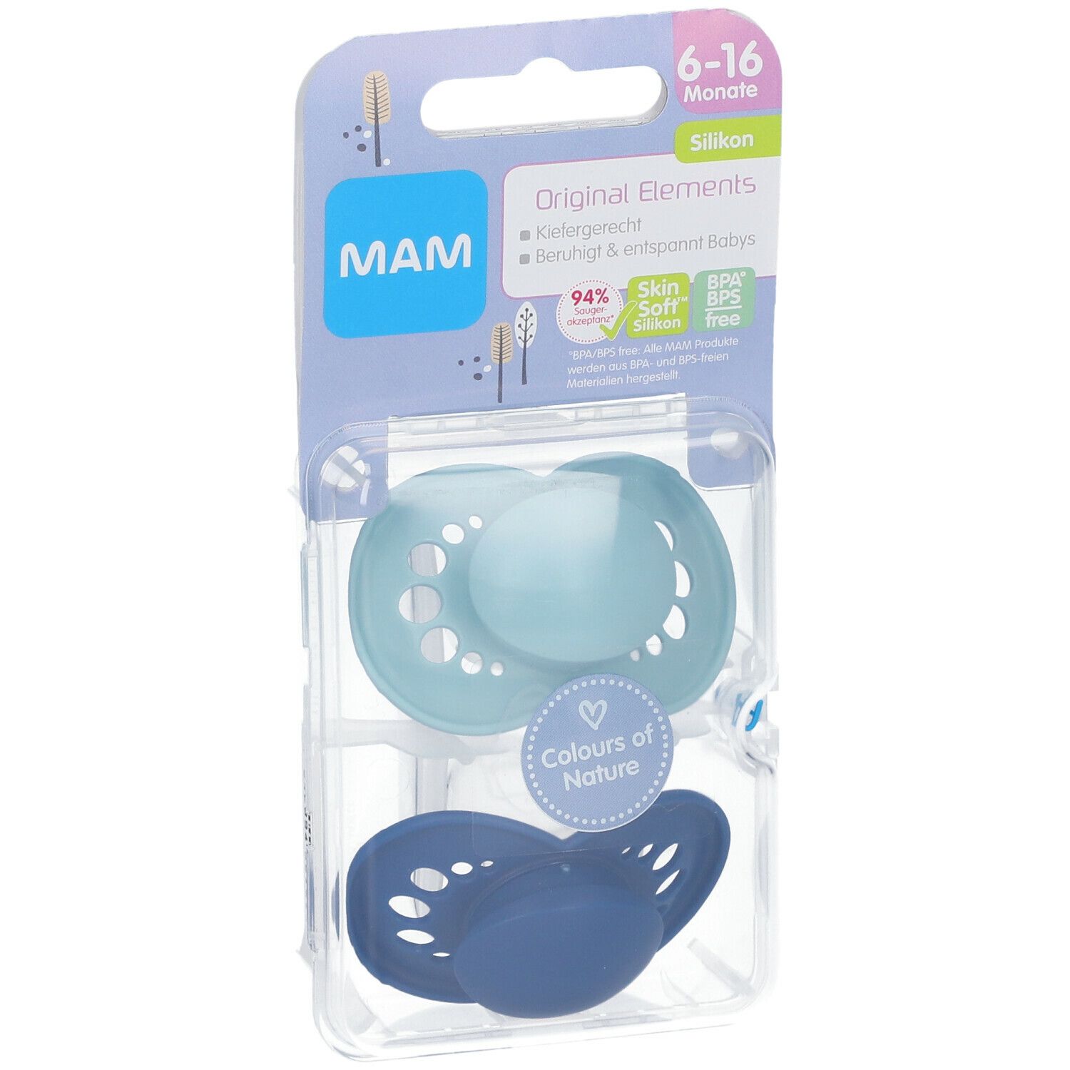 Twee fopspenen in verpakking. Lichtblauwe en donkerblauwe siliconen speen. Verpakking met productinformatie.