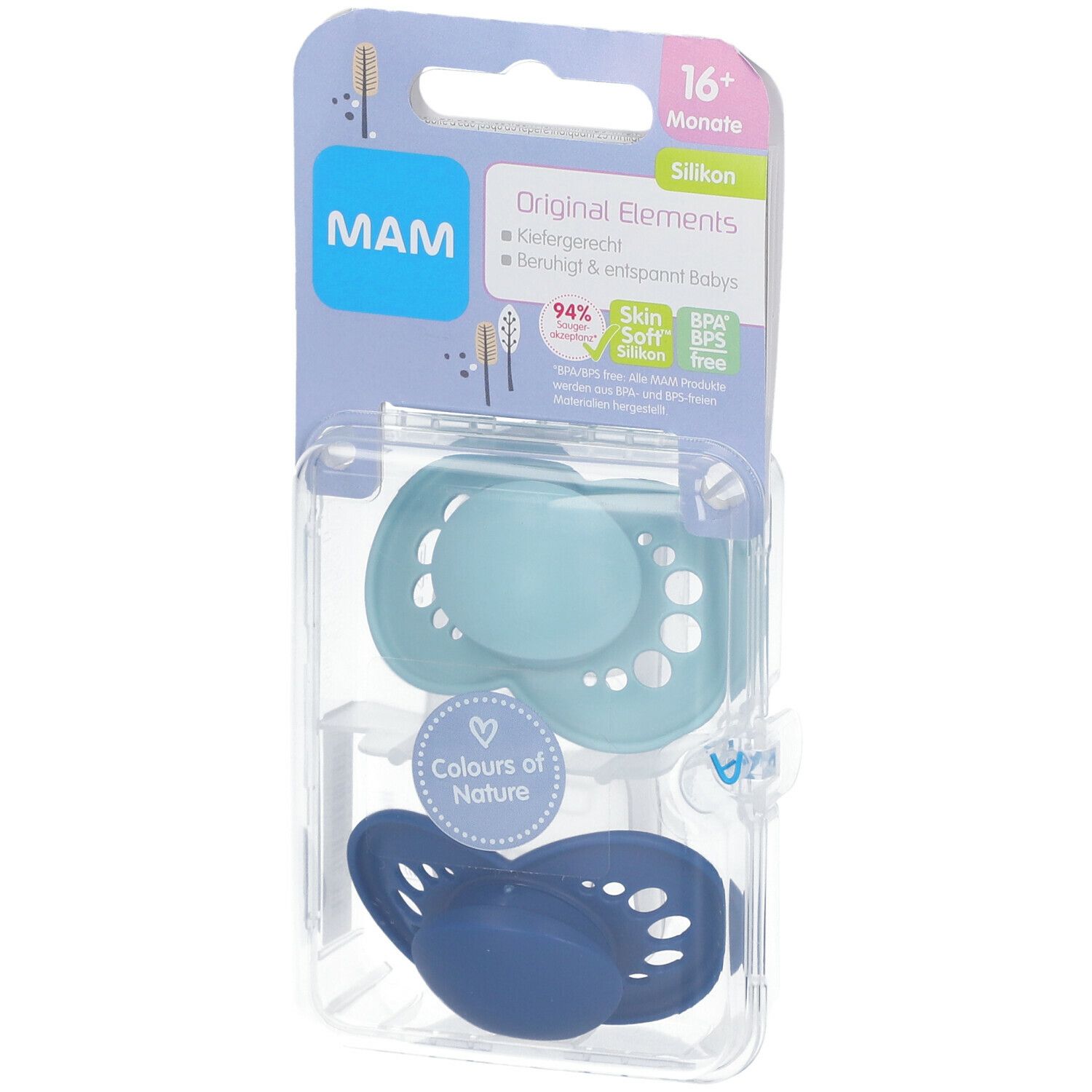 Twee fopspenen in verpakking. Lichtblauwe en donkerblauwe siliconen fopspeen. Verpakking met MAM-logo en productnaam.