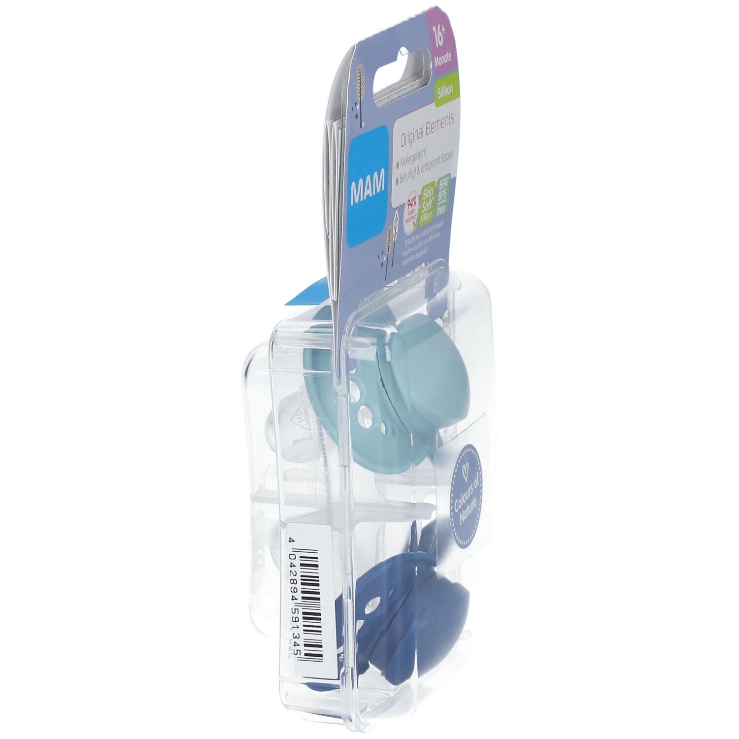 Zijaanzicht van de verpakking met twee fopspenen. Lichtblauwe en donkerblauwe siliconen fopspeen. MAM-logo en productnaam.