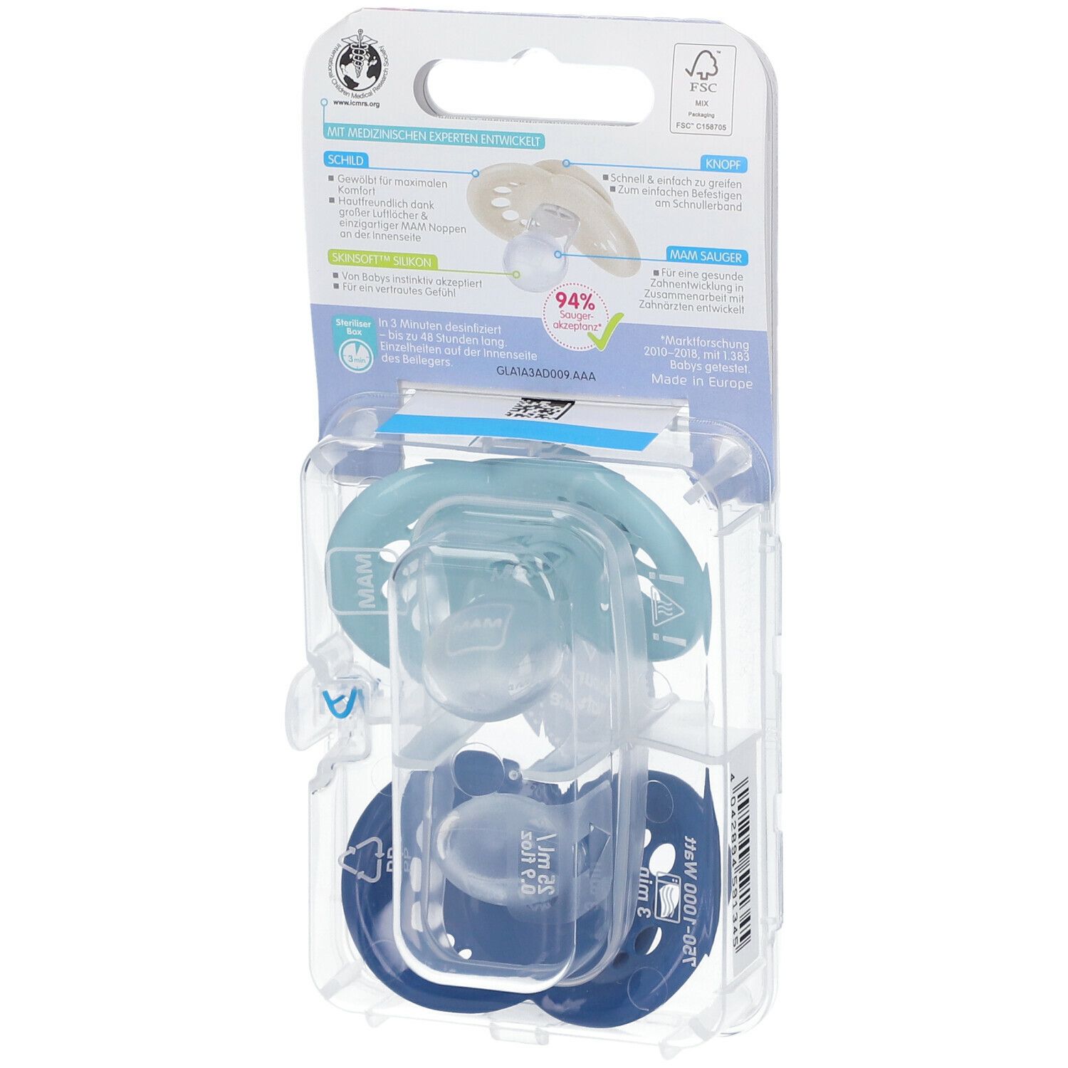 Achterkant van de verpakking met twee fopspenen. Lichtblauwe en donkerblauwe siliconen fopspeen. MAM-logo en productnaam.