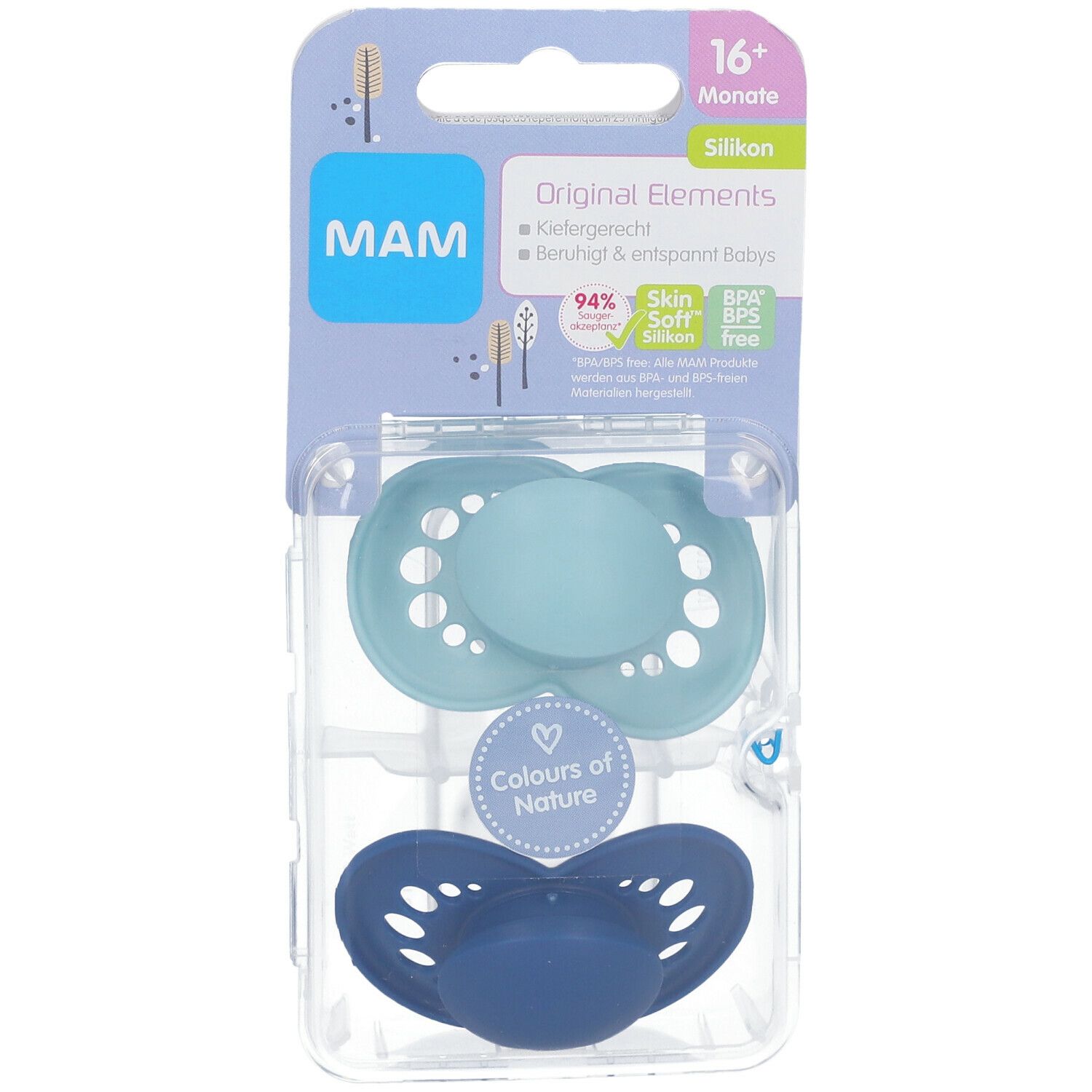 Twee fopspenen in verpakking. Lichtblauwe en donkerblauwe siliconen fopspeen. Verpakking met MAM-logo en productnaam.