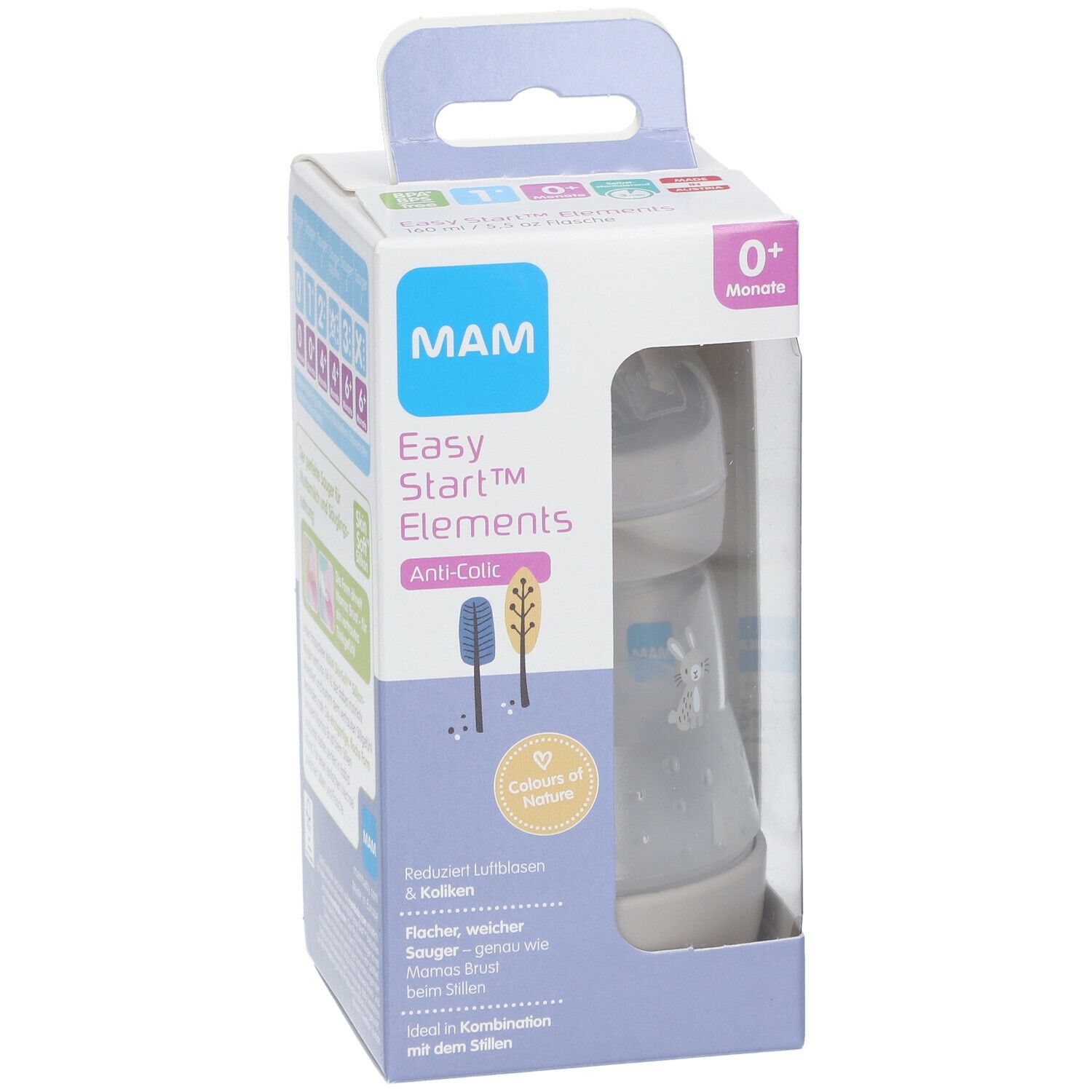 MAM Easy Start™ Anti-Colic fles in verpakking. Zichtbaar: fles, speen, doos met productnaam en leeftijd.