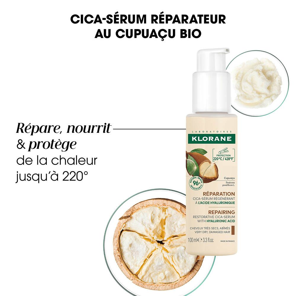 Klorane Cica-Sérum au Cupuaçu et acide hyaluronique, 100ml. Répare et protège de la chaleur jusqu'à 220°C.