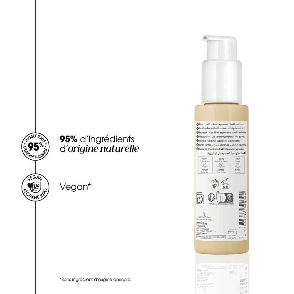 Arrière d'un flacon pompe, ingrédients, instructions d'utilisation, 95% d'ingrédients naturels, vegan.