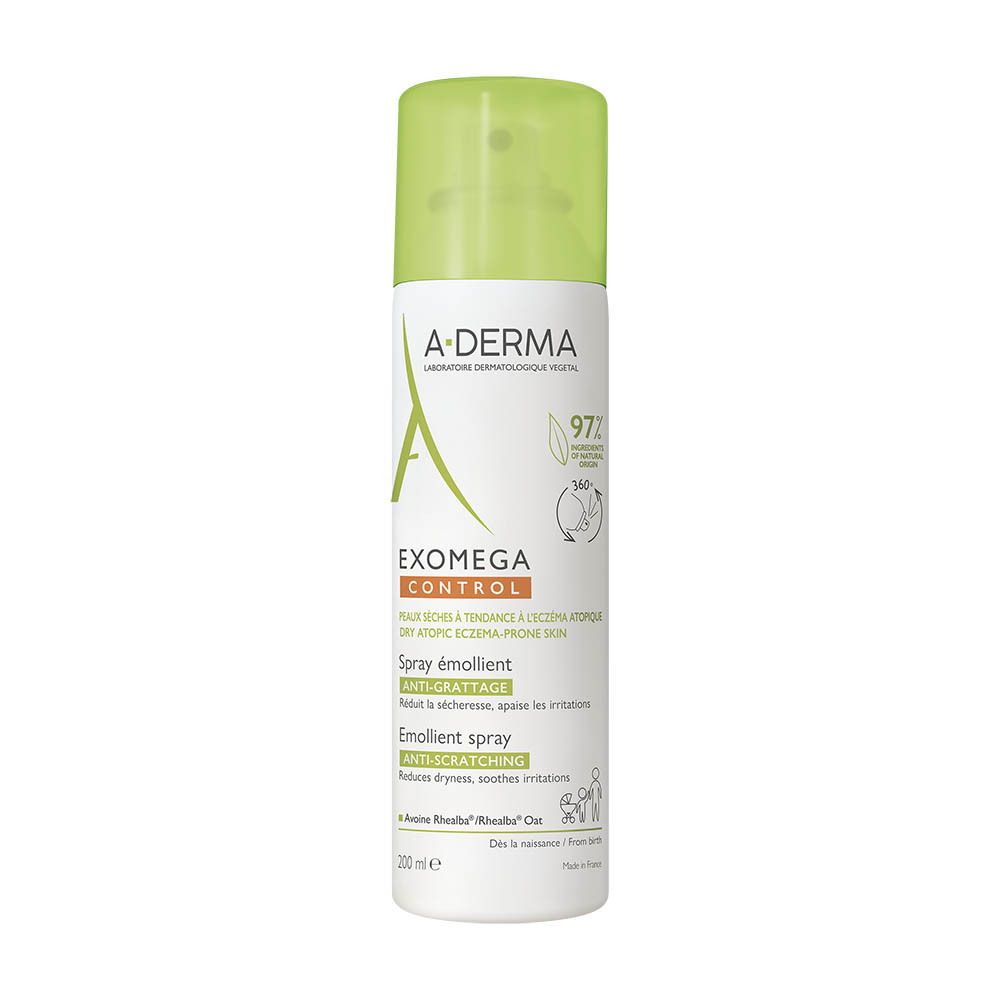 A-DERMA EXOMEGA CONTROL spray. Witte fles, groene dop. Opschrift: EXOMEGA CONTROL, anti-jeuk, 97% natuurlijk.
