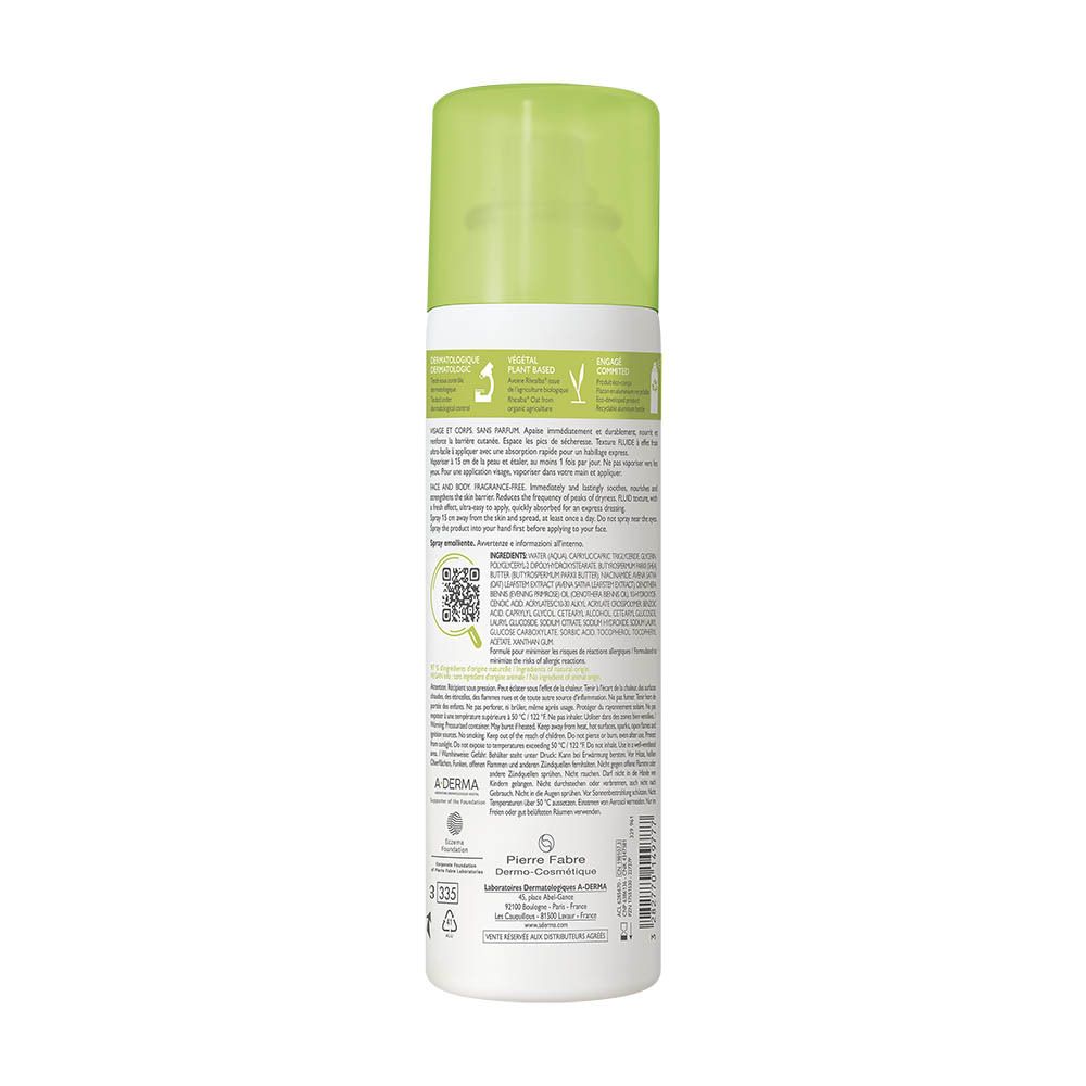 A-DERMA EXOMEGA CONTROL spray. Achterkant van de spray met tekst. QR-code en info. Groene dop.