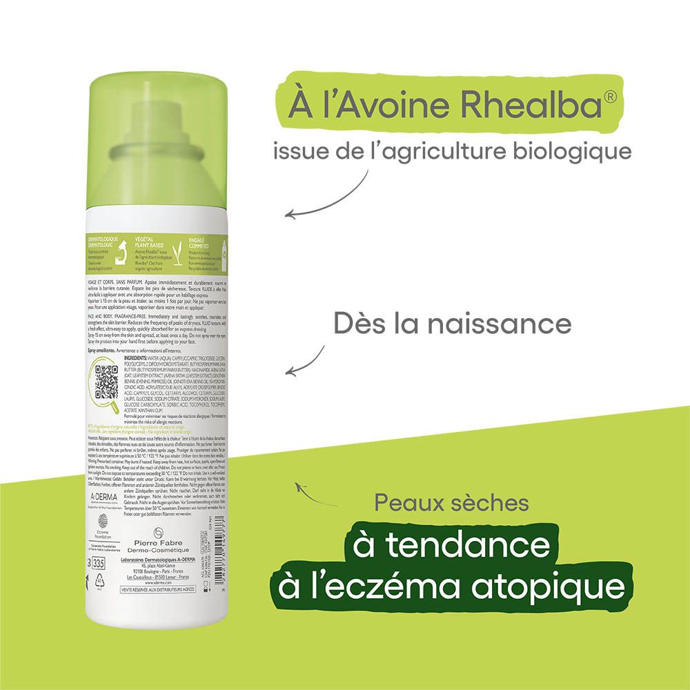 Spray A-DERMA EXOMEGA CONTROL. Dos avec texte et illustrations. Bouchon vert. Peaux sèches, eczéma atopique.