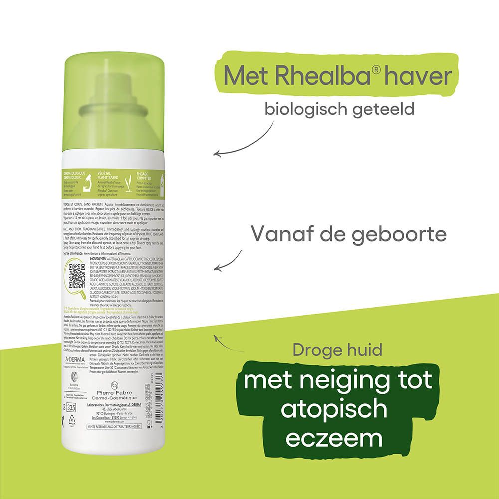 A-DERMA EXOMEGA CONTROL spray. Achterkant met tekst en illustraties. Groene dop. Droge huid, atopisch eczeem.