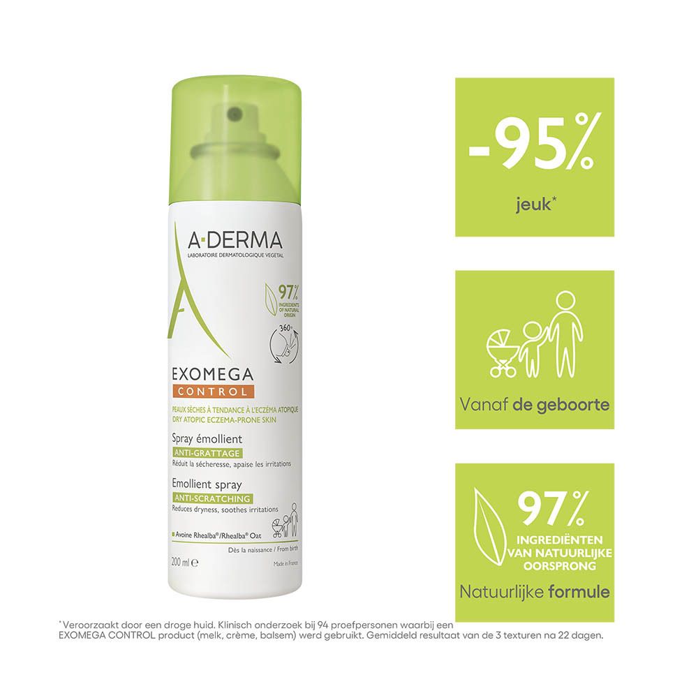 A-DERMA EXOMEGA CONTROL spray. Sprayfles met groene dop. Opschrift: EXOMEGA CONTROL, anti-jeuk, 97% natuurlijk.