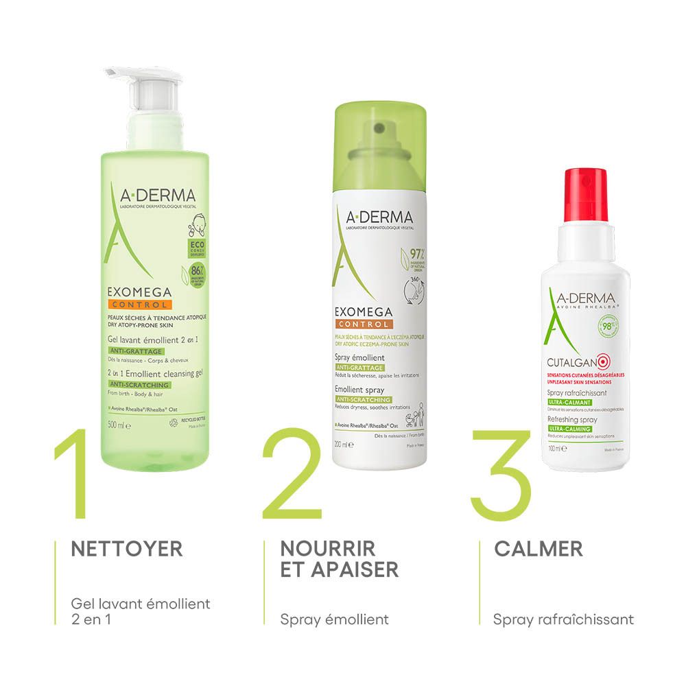 Spray A-DERMA EXOMEGA CONTROL. Dos avec texte et illustrations. Bouchon vert. Peaux sèches, eczéma atopique.